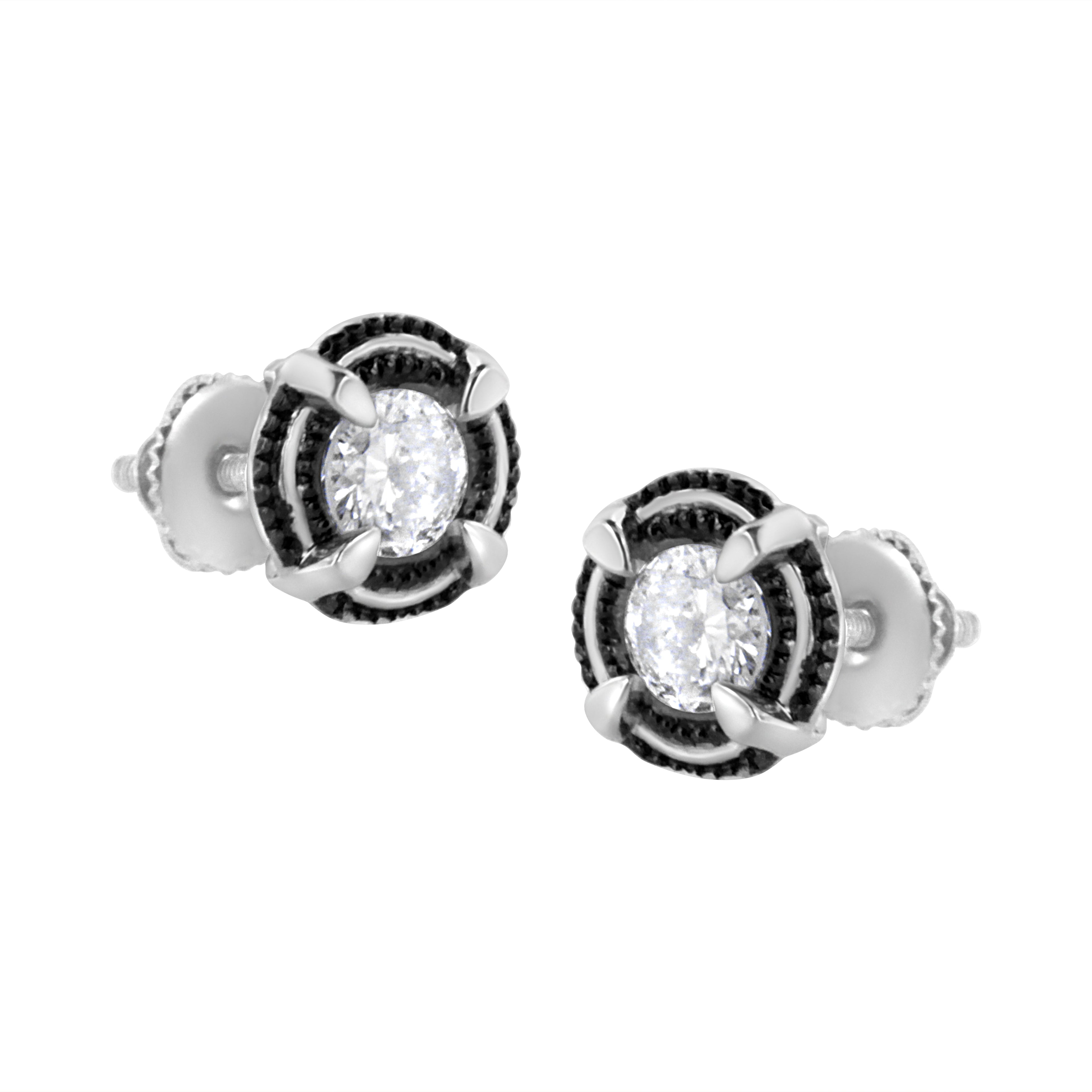 Black Rhodium Plated .925 Sterling Silver Round 1-1/2 cttw Diamond Double Halo 4-Prong Solitaire Milgrain Stud Earrings (H-I Color, I2-I3 Clarity) by Bids.com