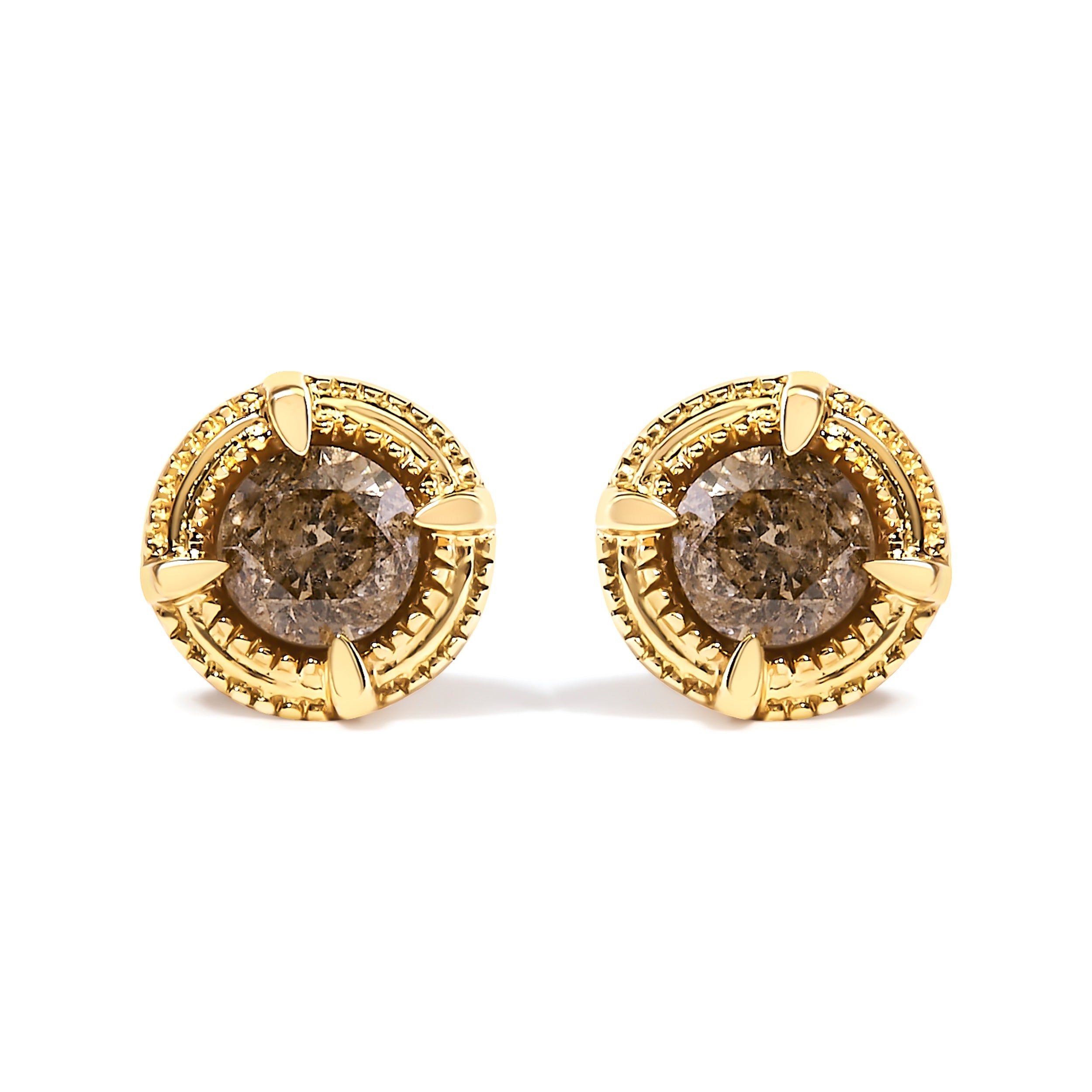 14K Yellow Gold Plated .925 Sterling Silver 1.0 Cttw Round Brilliant Cut Diamond Solitaire Milgrain Stud Earrings (K-L Color, I2-I3 Clarity)
