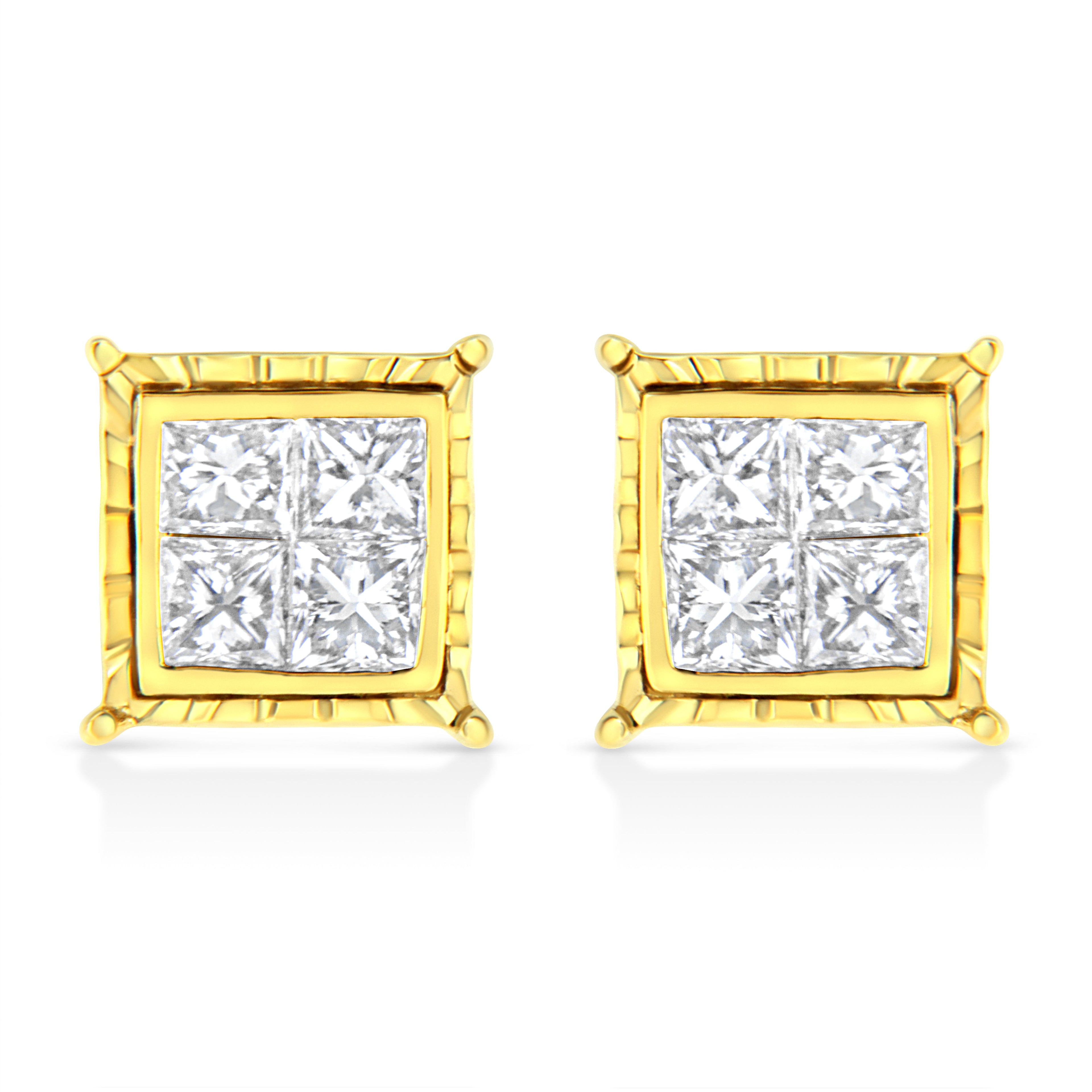 14K Yellow Gold 1.0 Cttw Invisible Set Princess-Cut Diamond Composite 8 Stone Stud Earrings (I-J Color, SI1-SI2 Clarity) by Bids.com