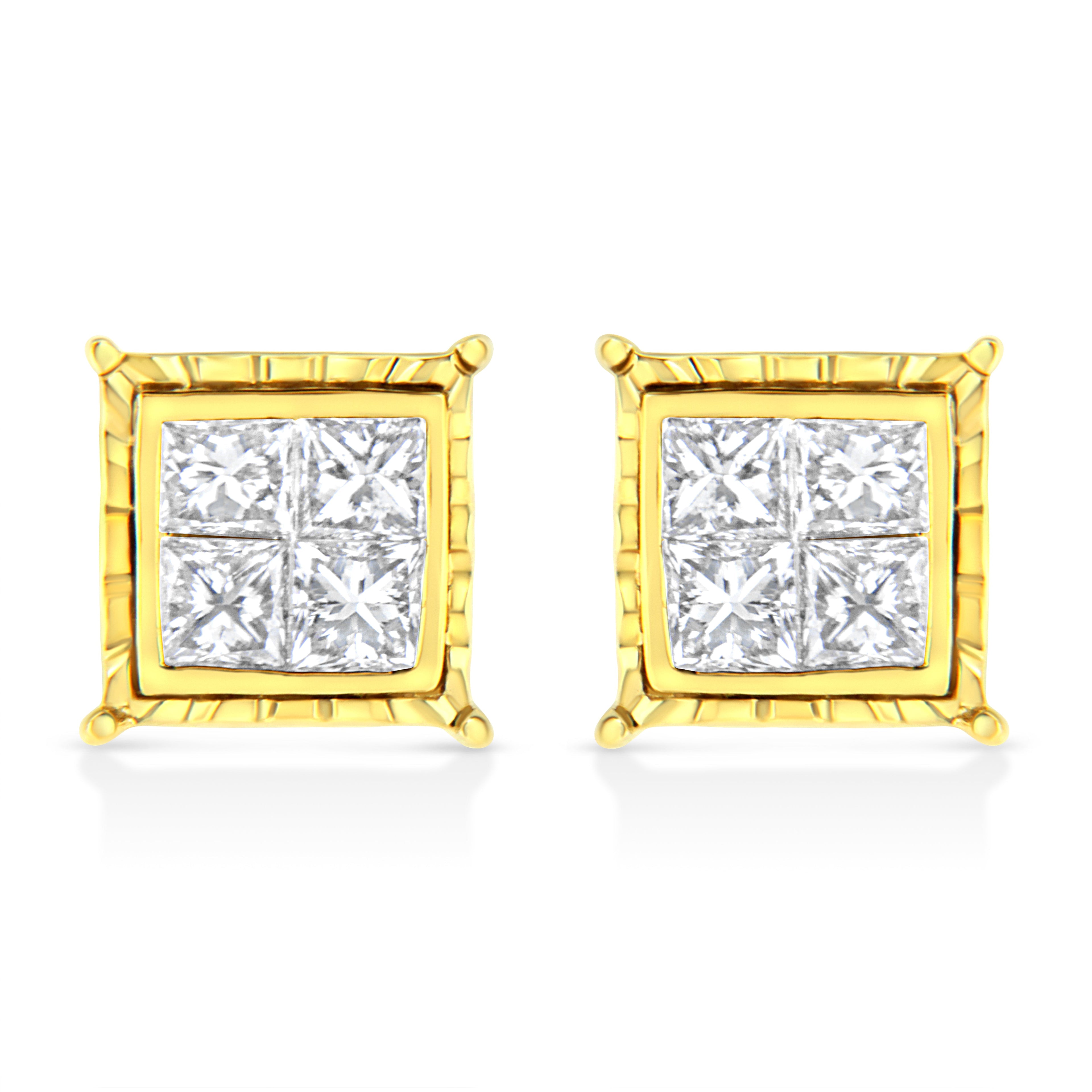 14K Yellow Gold 1 Cttw Princess Cut Diamond Square Stud Earrings