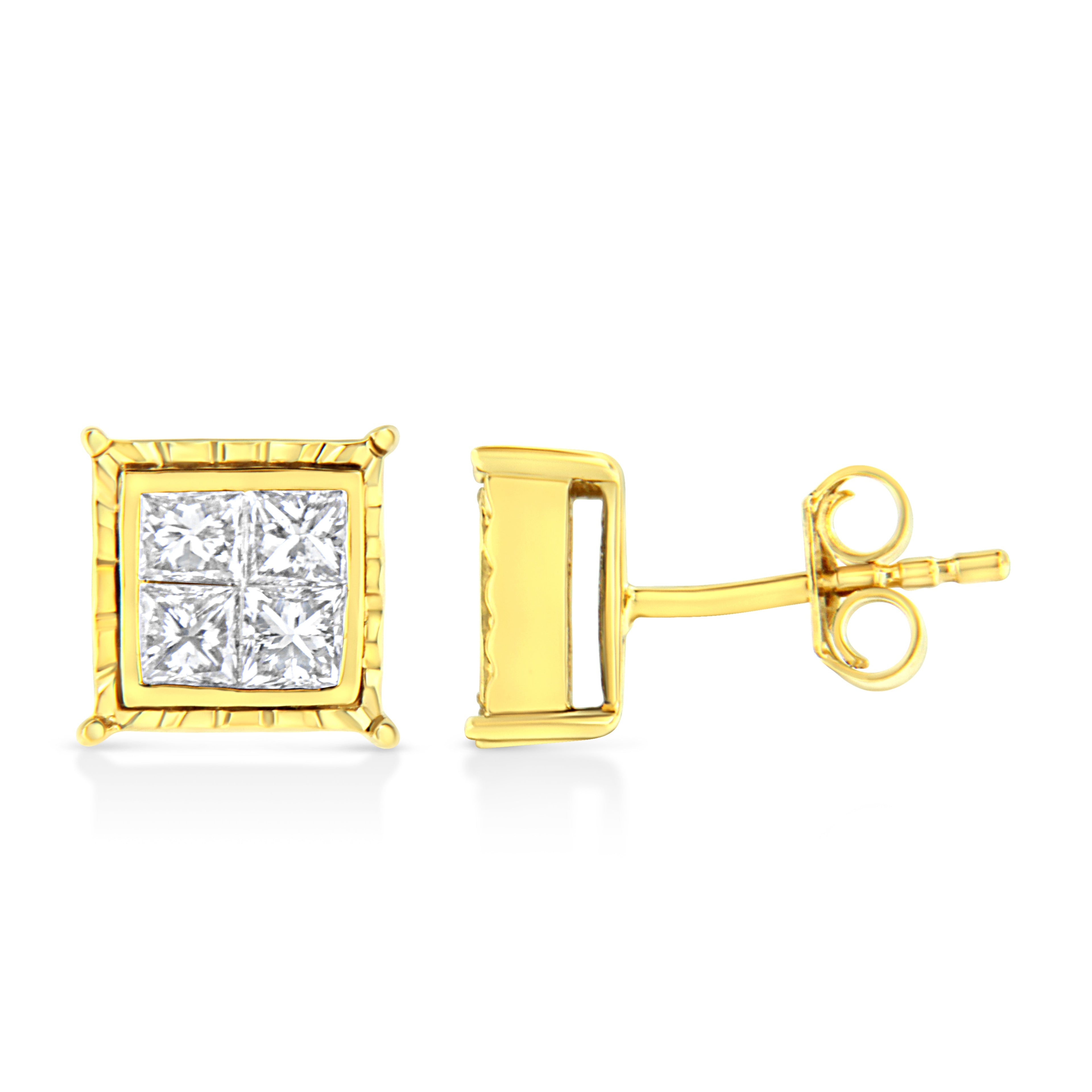 14K Yellow Gold 1 Cttw Princess Cut Diamond Square Stud Earrings