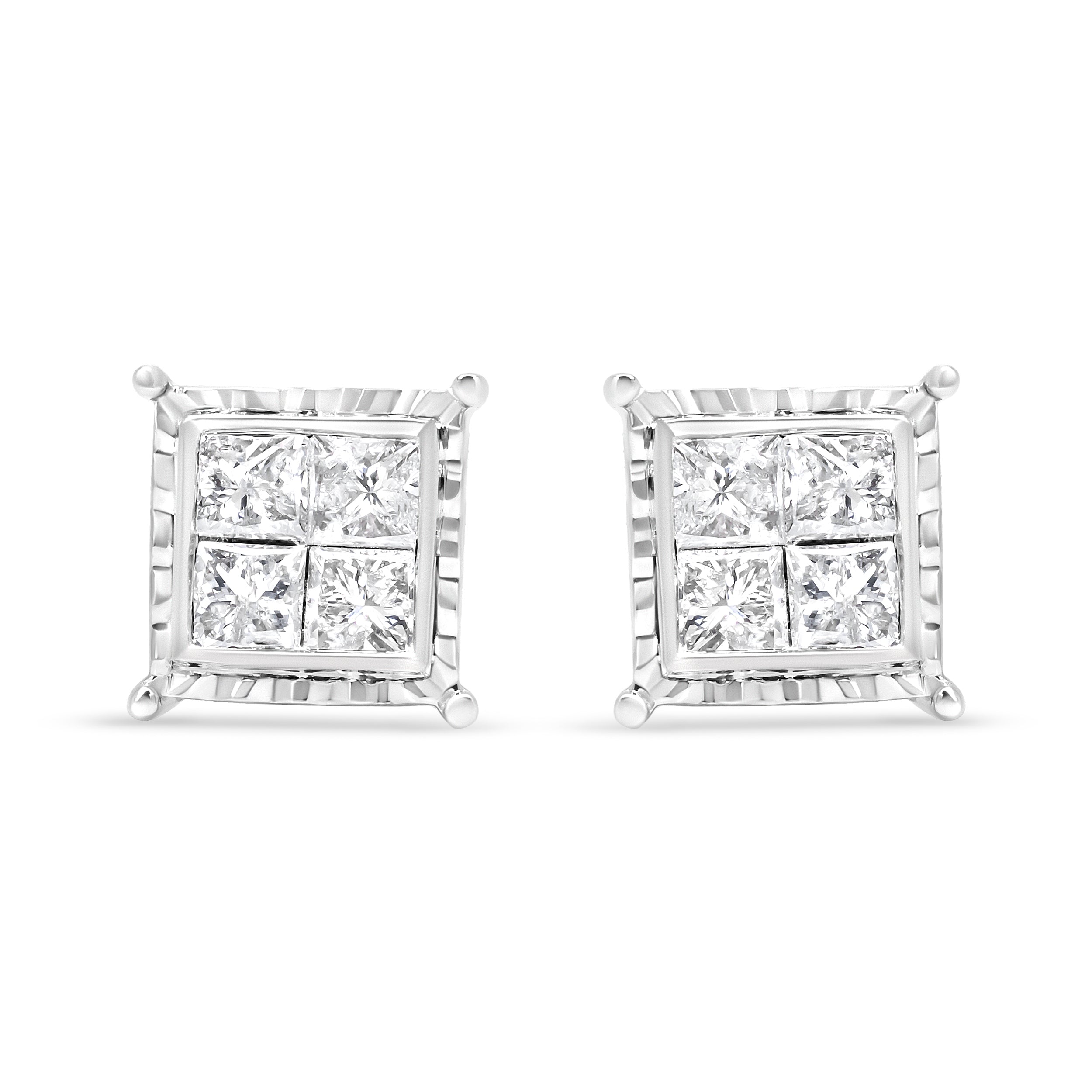 14K White Gold 1 1/2 Cttw Invisible Set Princess-Cut Diamond Contemporary Wavy Quad Stud Earrings (I-J Color, I1-I2 Clarity) by Bids.com