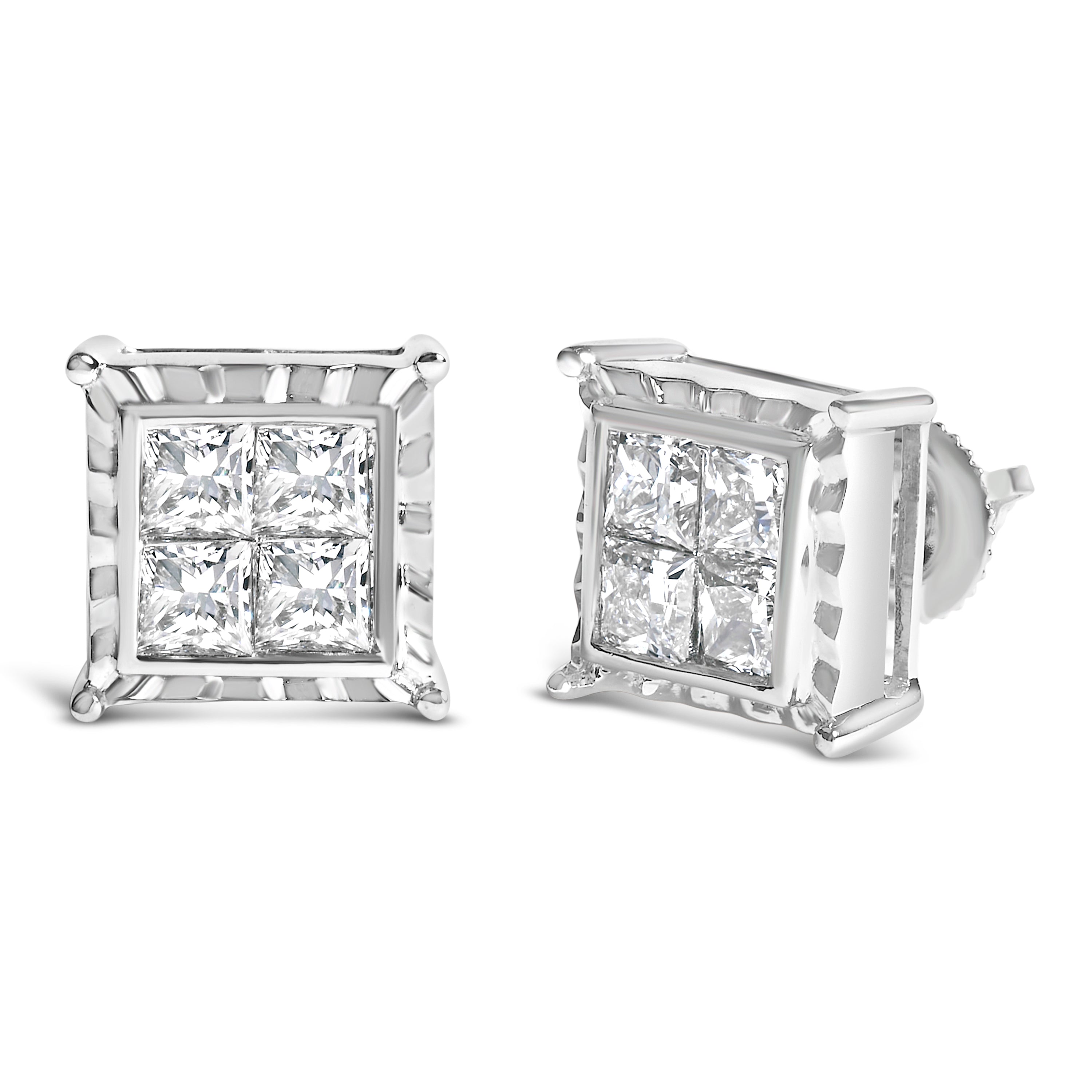 14K White Gold 2.00 Cttw Invisible Set Princess-Cut Lab Grown Diamond Wavy Quad Stud Earrings by Bids.com