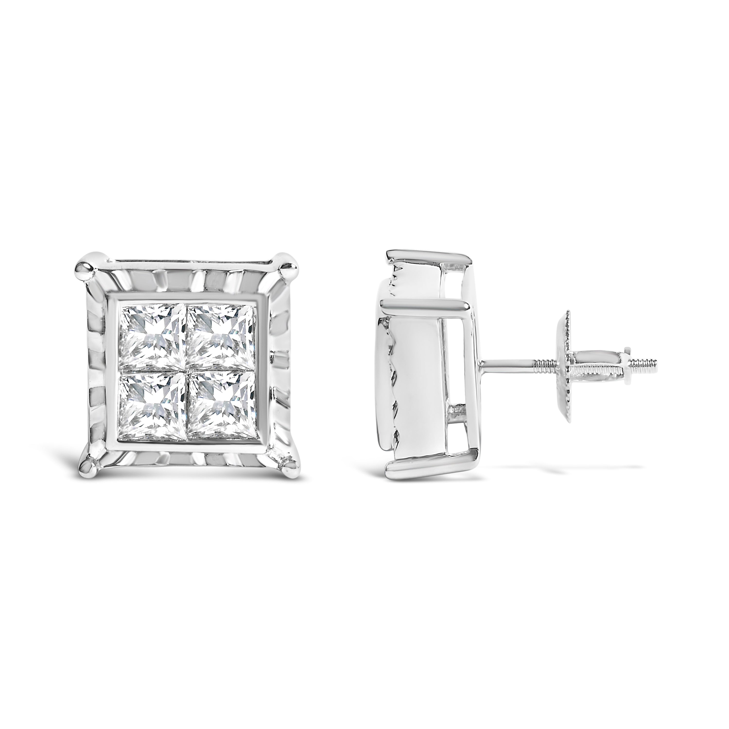 14K White Gold 2.00 Cttw Invisible Set Princess-Cut Lab Grown Diamond Wavy Quad Stud Earrings by Bids.com