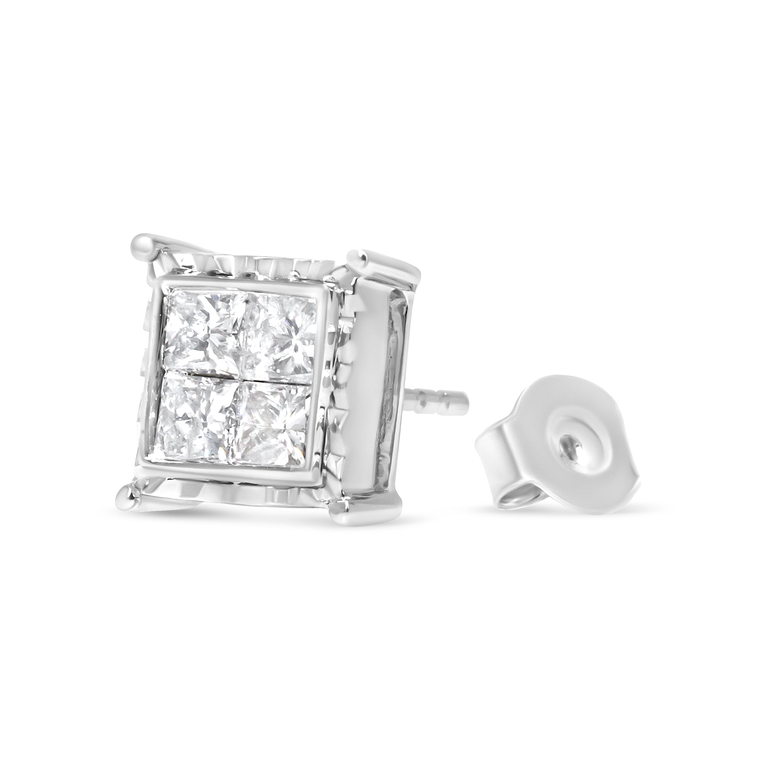 14K White Gold 1 1/2 Cttw Invisible Set Princess-Cut Diamond Contemporary Wavy Quad Stud Earrings (I-J Color, I1-I2 Clarity) by Bids.com
