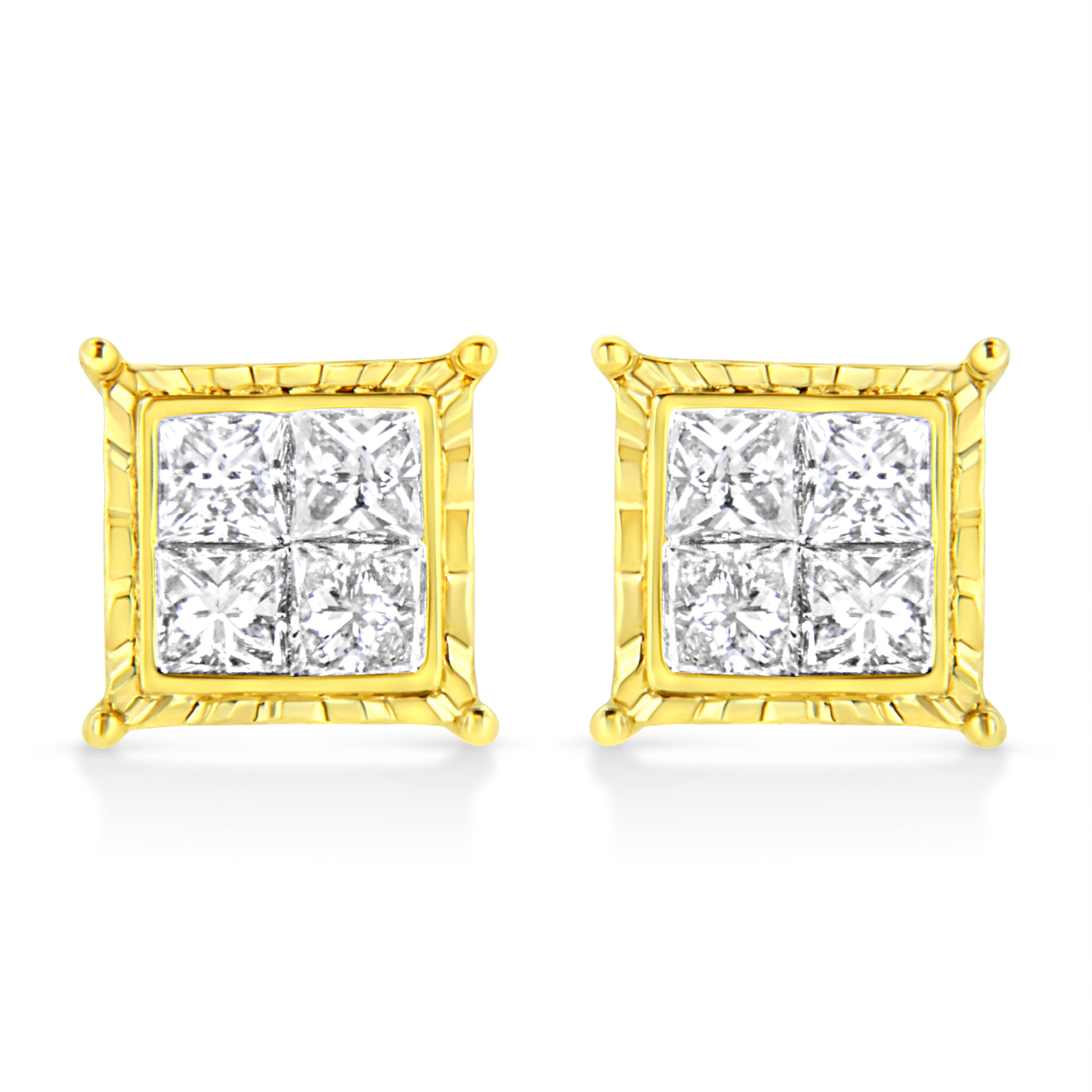 14K Yellow Gold 1 Cttw Princess Cut Diamond Square Stud Earrings