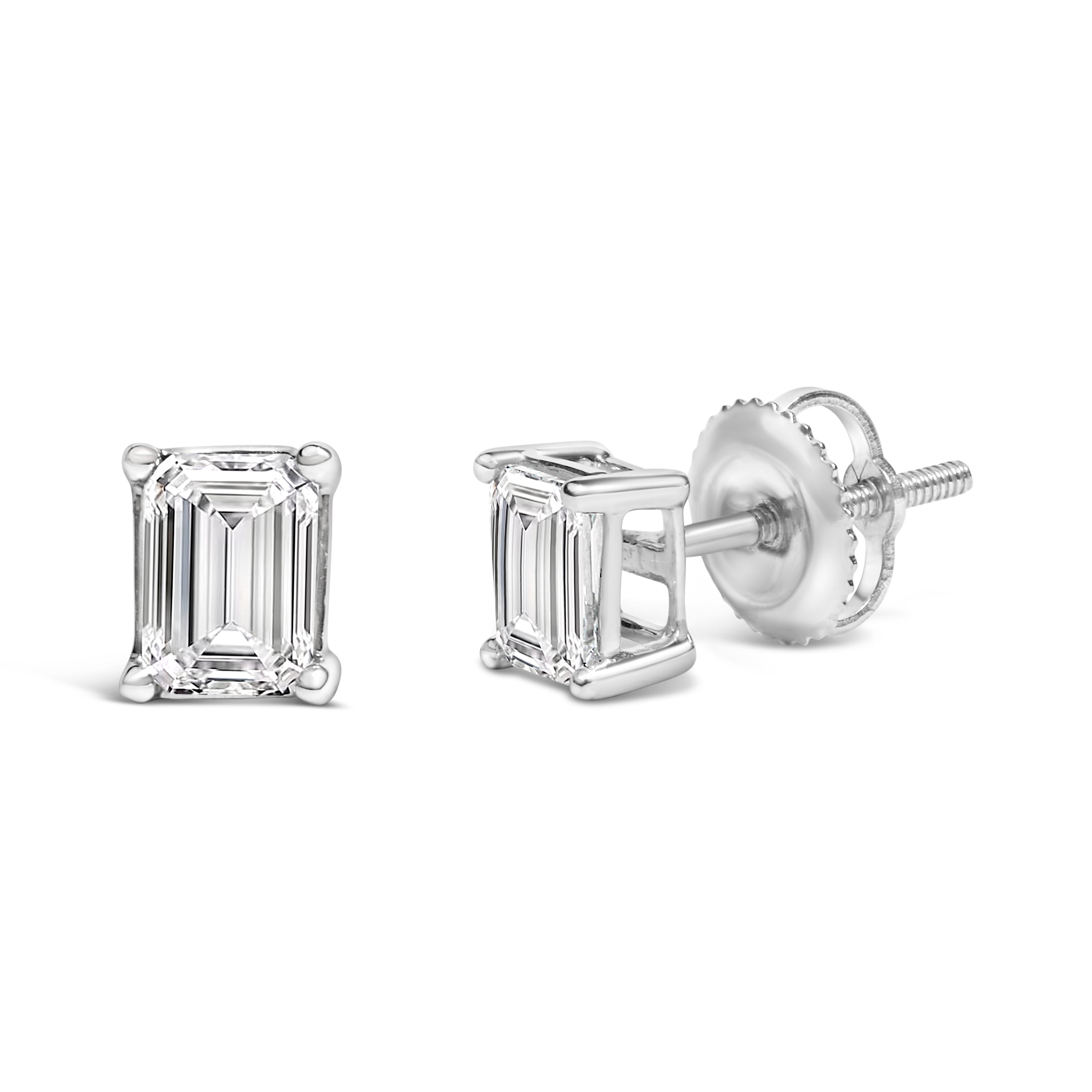 14K White Gold 1.0 Cttw Emerald Cut Lab-Grown Diamond Solitaire Stud Earrings (F-G Color, VS1-VS2 Clarity) DestGlow