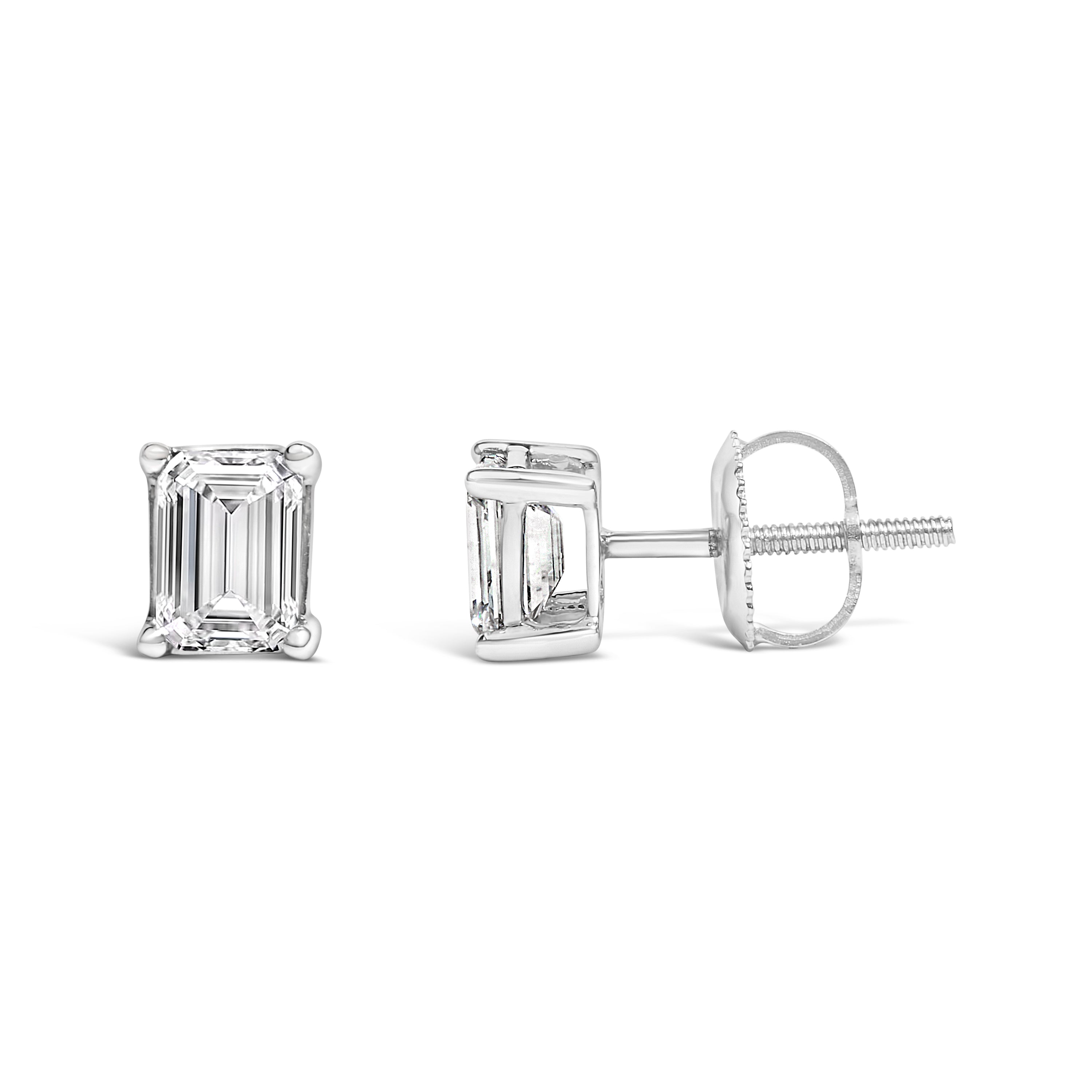 14K White Gold 1.0 Cttw Emerald Cut Lab-Grown Diamond Solitaire Stud Earrings (F-G Color, VS1-VS2 Clarity) DestGlow