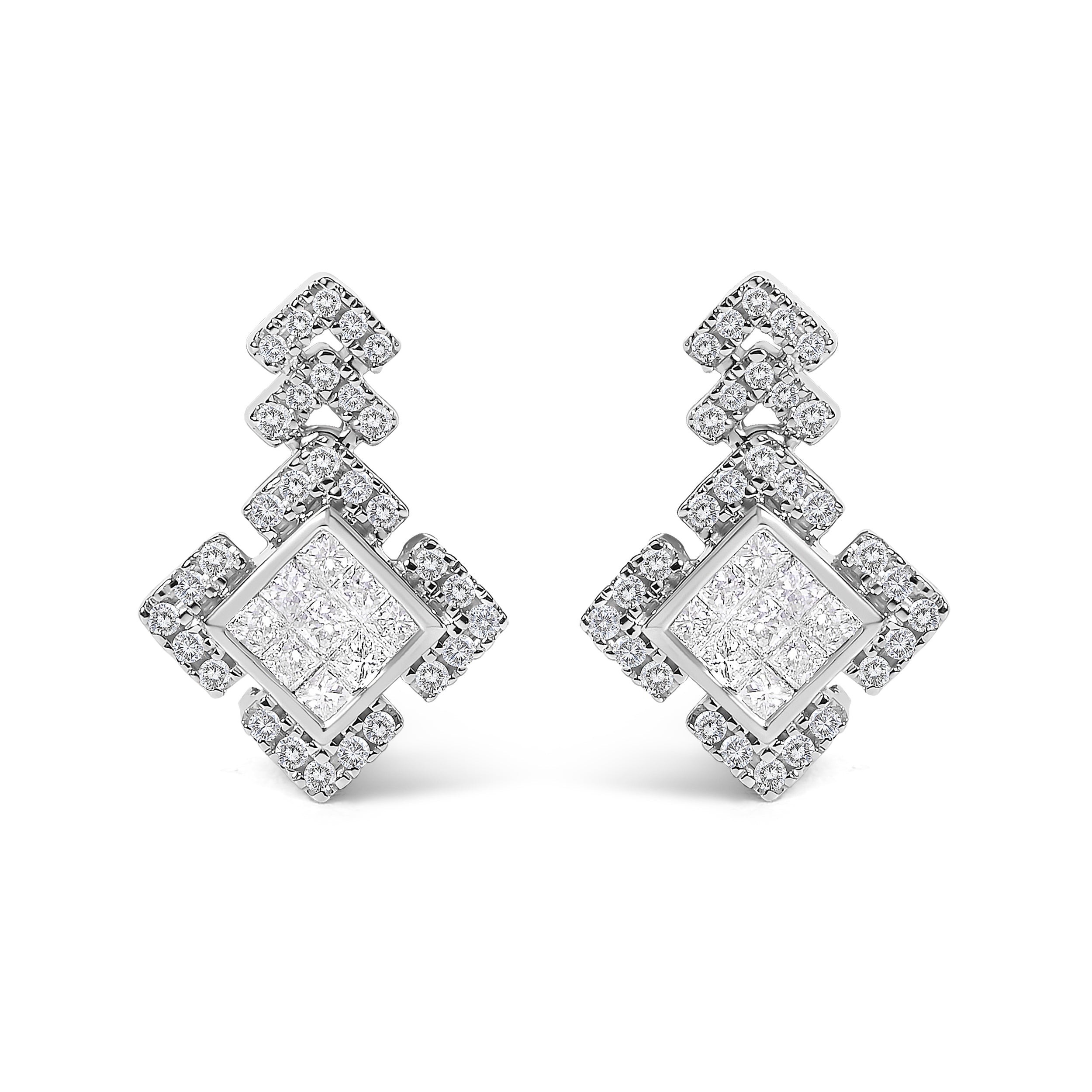 10K White Gold 3/5 Cttw Princess Diamond Geometric Drop Earrings DestGlow