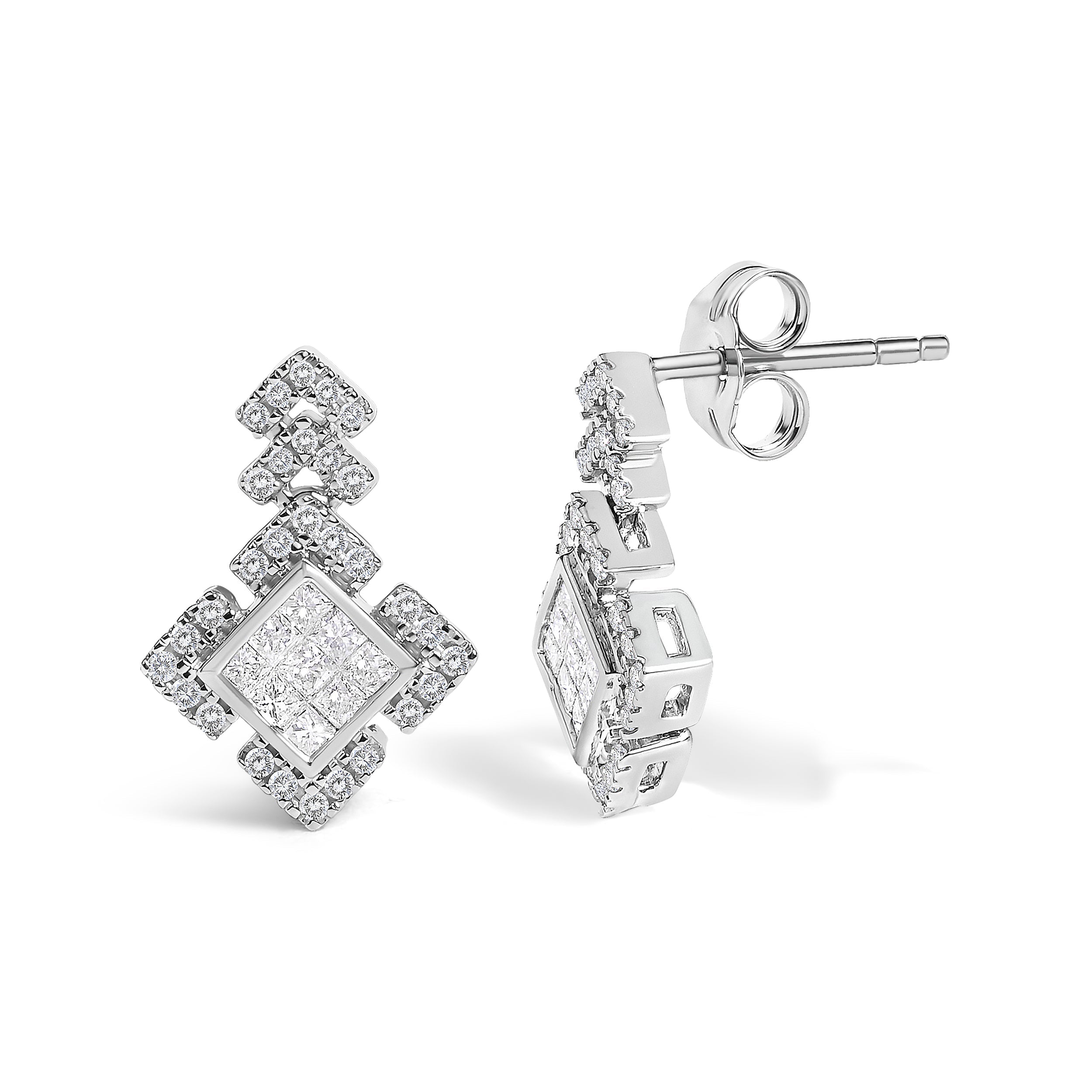 10K White Gold 3/5 Cttw Princess Diamond Geometric Drop Earrings DestGlow