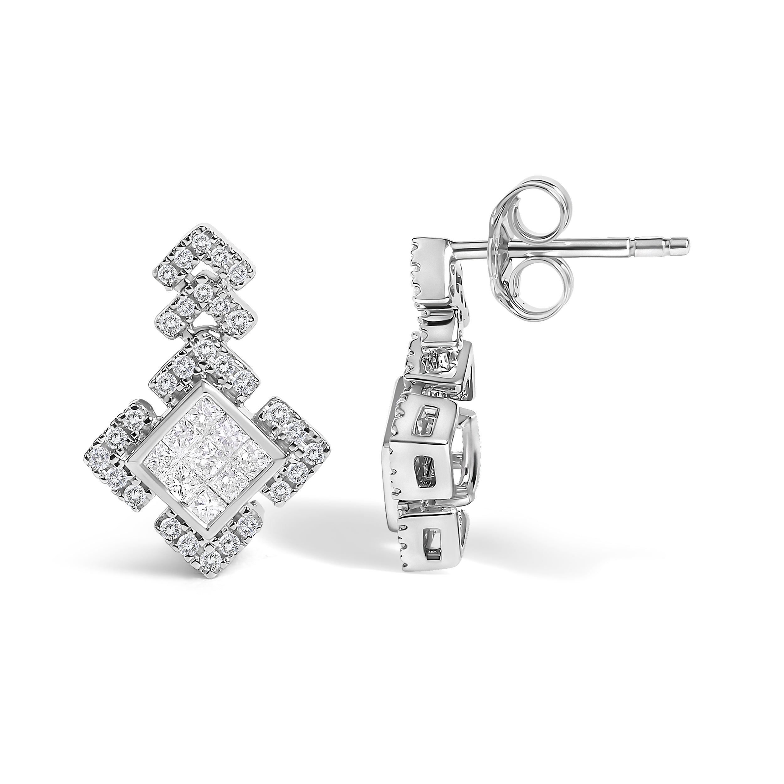 10K White Gold 3/5 Cttw Princess Diamond Geometric Drop Earrings DestGlow