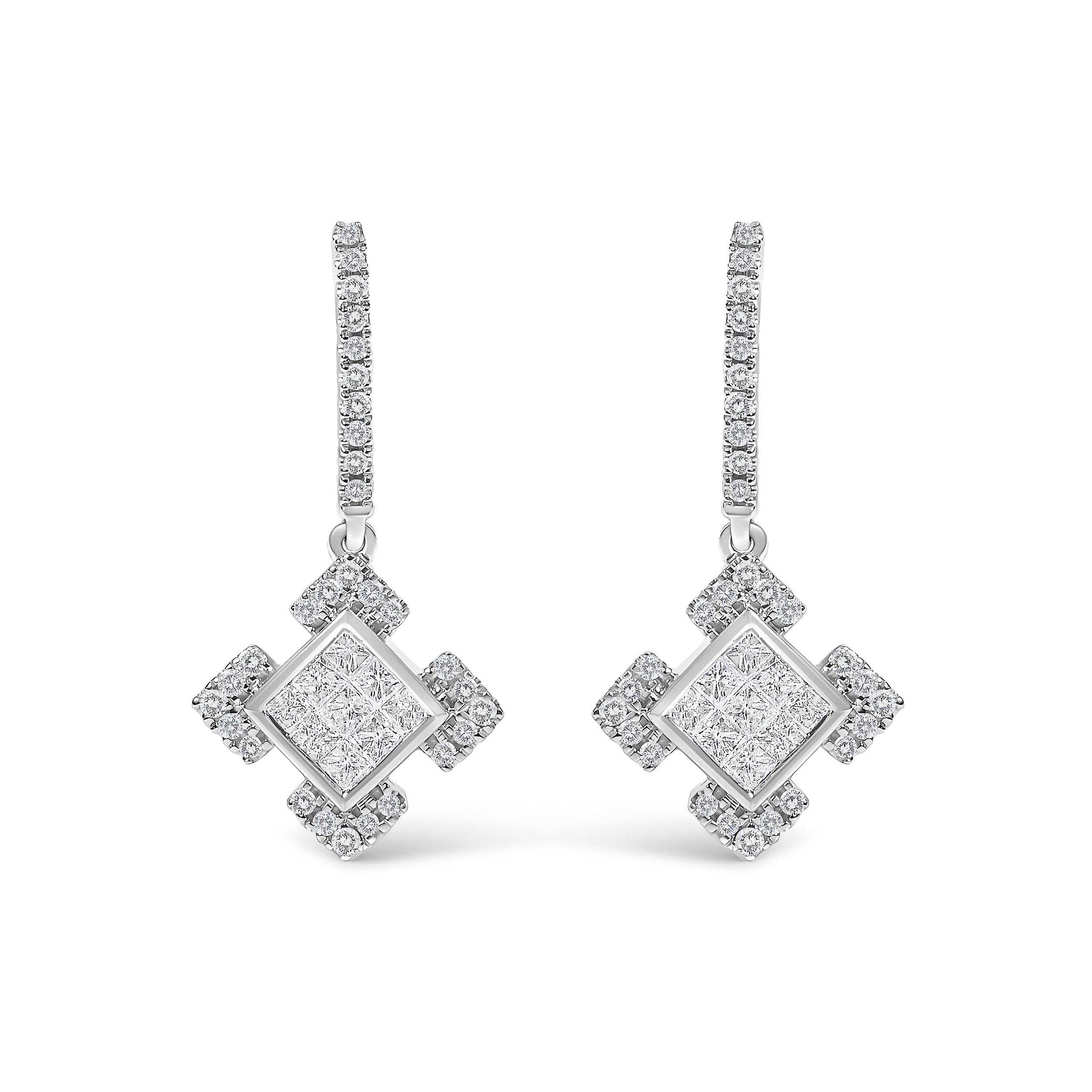 10K White Gold Princess and Round Diamond Geometric Composite Dangle Earrings DestGlow