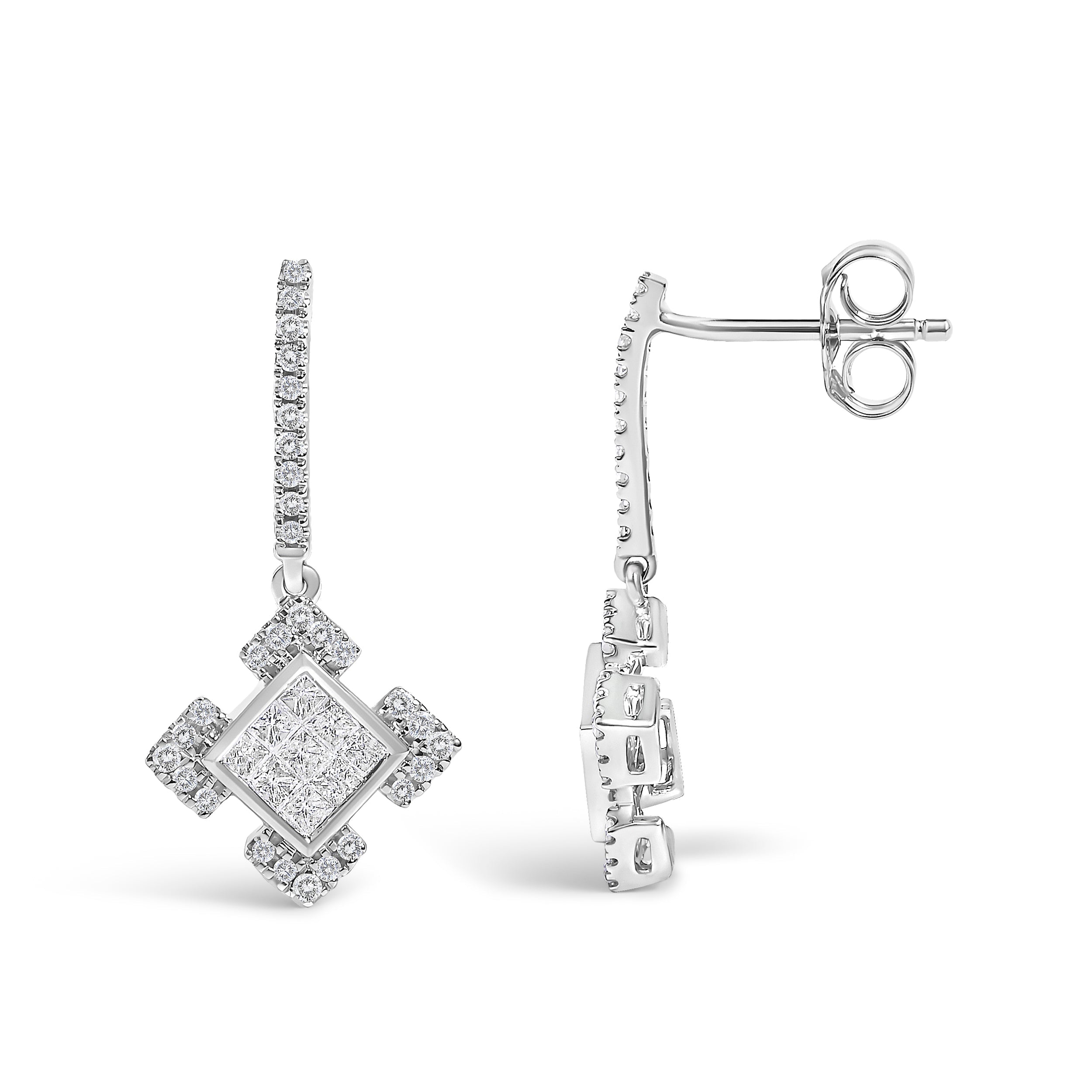 10K White Gold Princess and Round Diamond Geometric Composite Dangle Earrings DestGlow