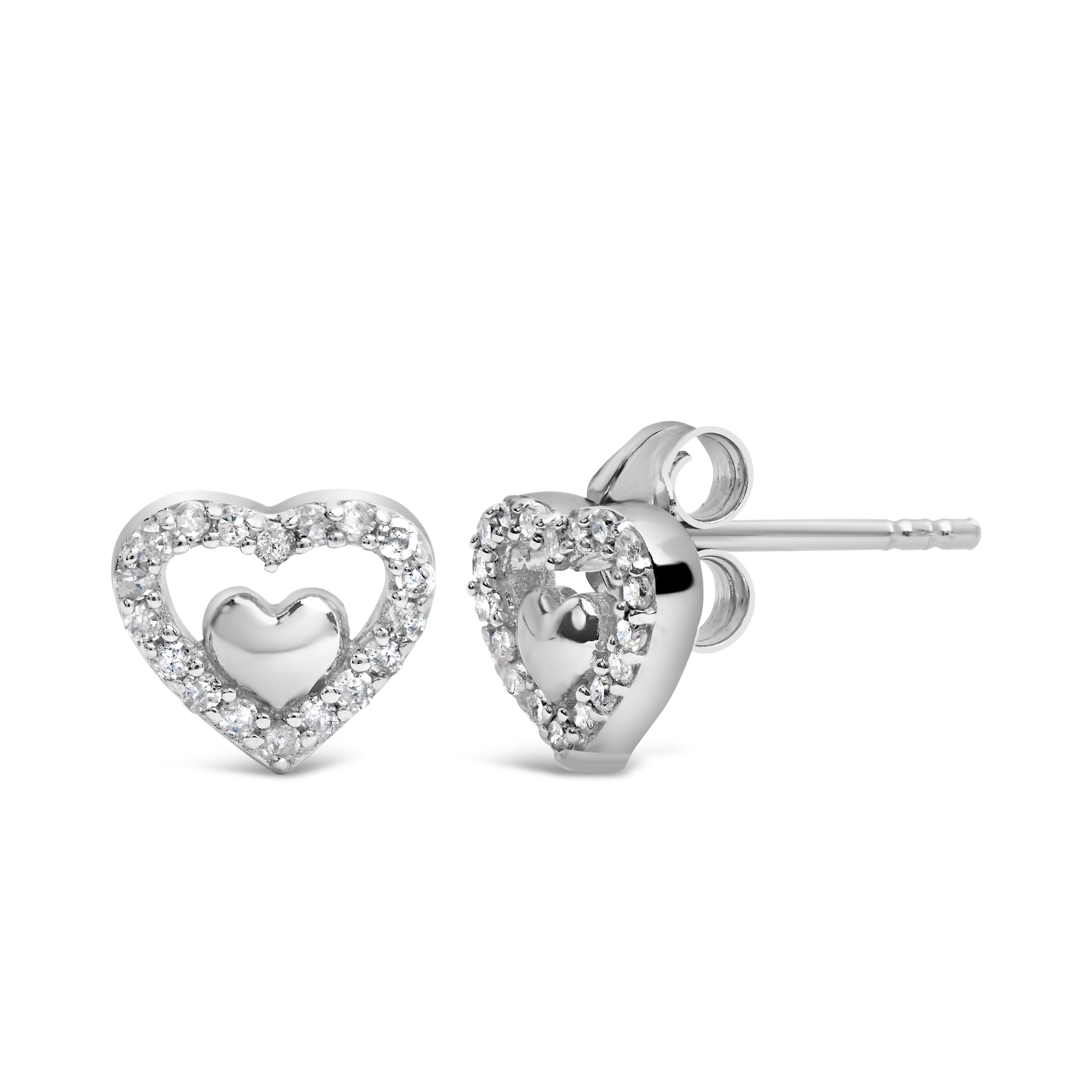 925 Sterling Silver 1/6 Cttw Diamond Open Double Heart Stud Earrings (I-J Color, I3 Clarity) by Bids.com
