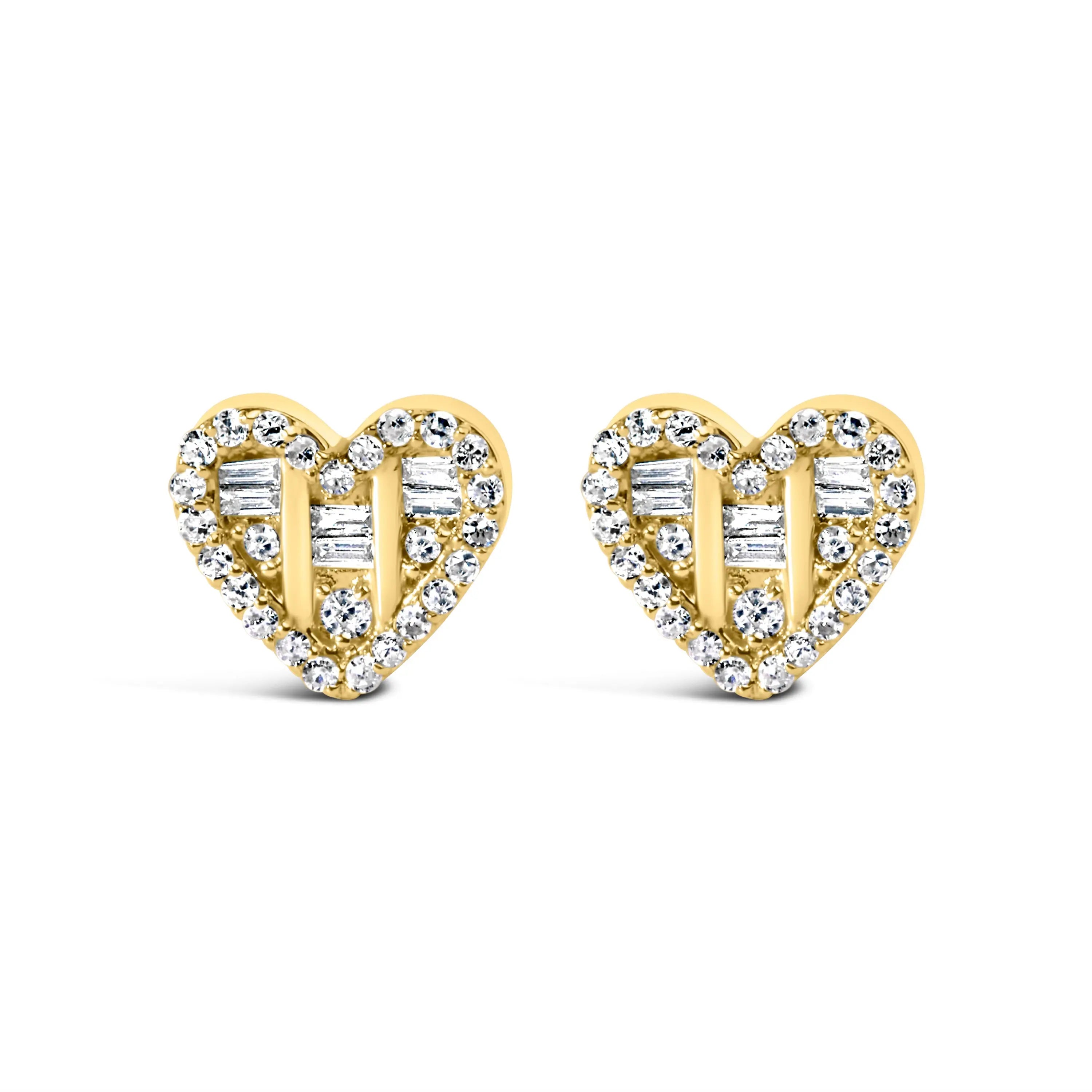 14K Yellow Gold Plated .925 Sterling Silver 1/2 Cttw Round and Baguette Diamond Composite Heart Shaped Stud Earring (I-J Color, SI2-I1 Clarity)