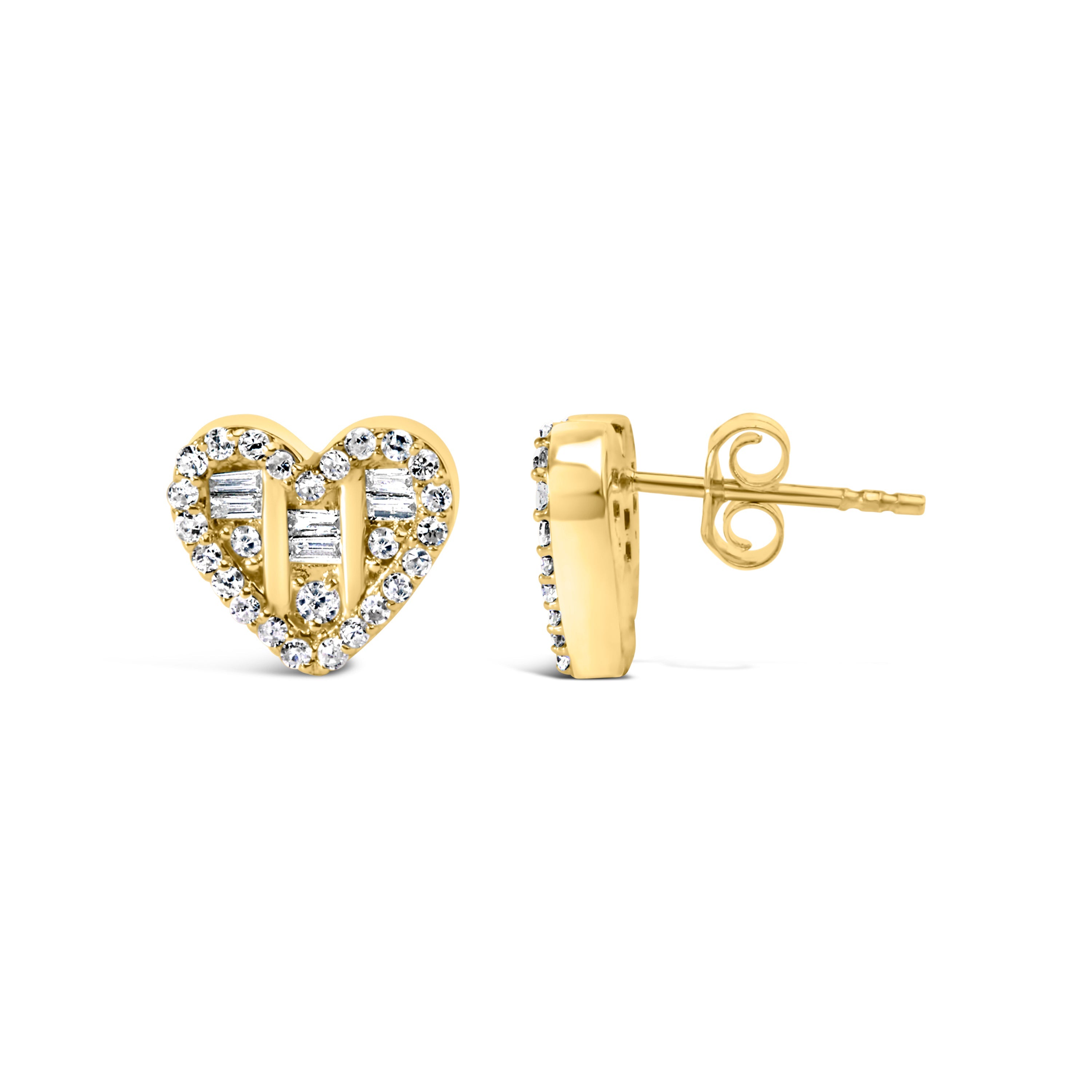 14K Yellow Gold Plated .925 Sterling Silver 1/2 Cttw Round and Baguette Diamond Composite Heart Shaped Stud Earring (I-J Color, SI2-I1 Clarity) by Bids.com