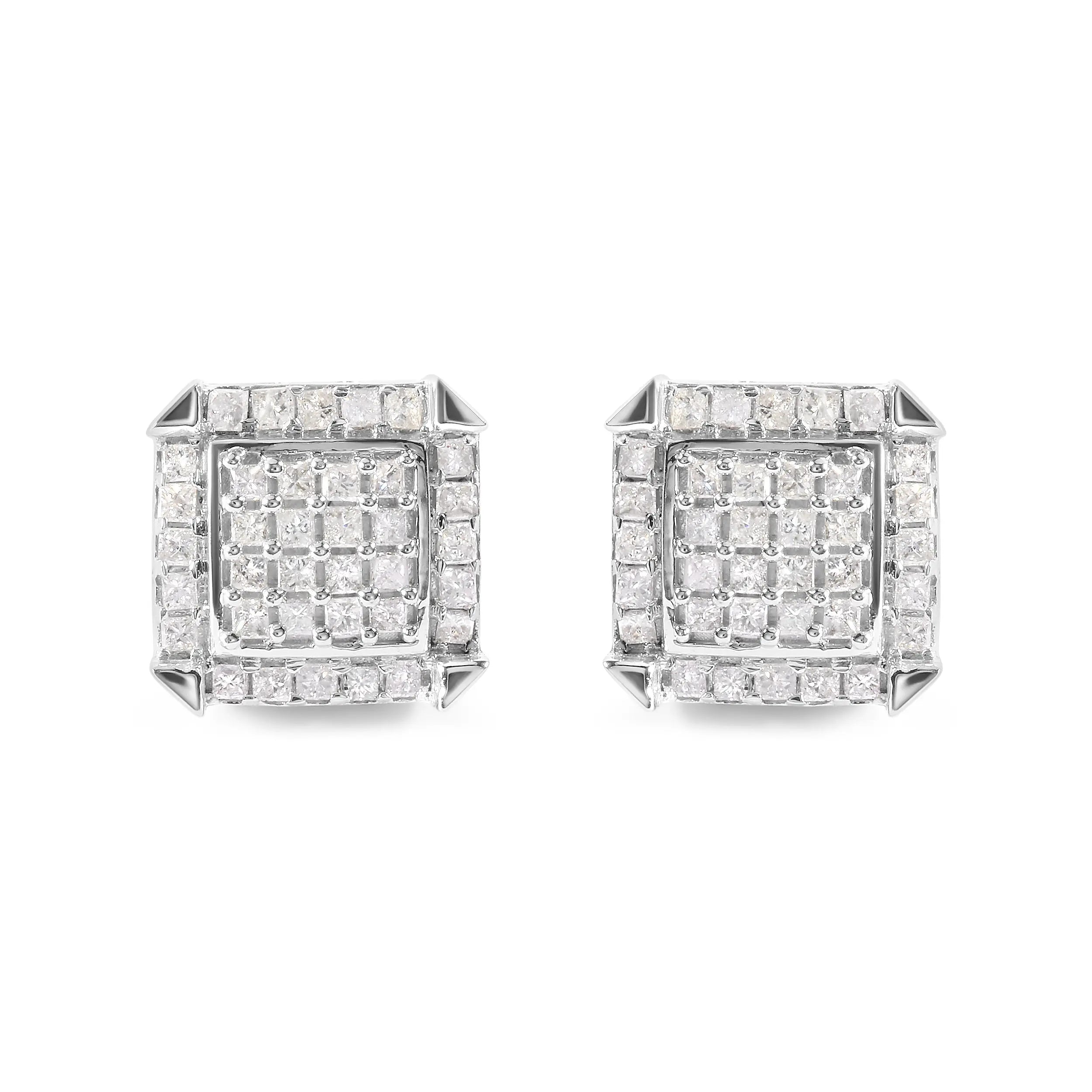 10K White Gold 1 1/10 Cttw Princess Diamond Composite and Halo Stud Earrings (I-J Color, I1-I2 Clarity)