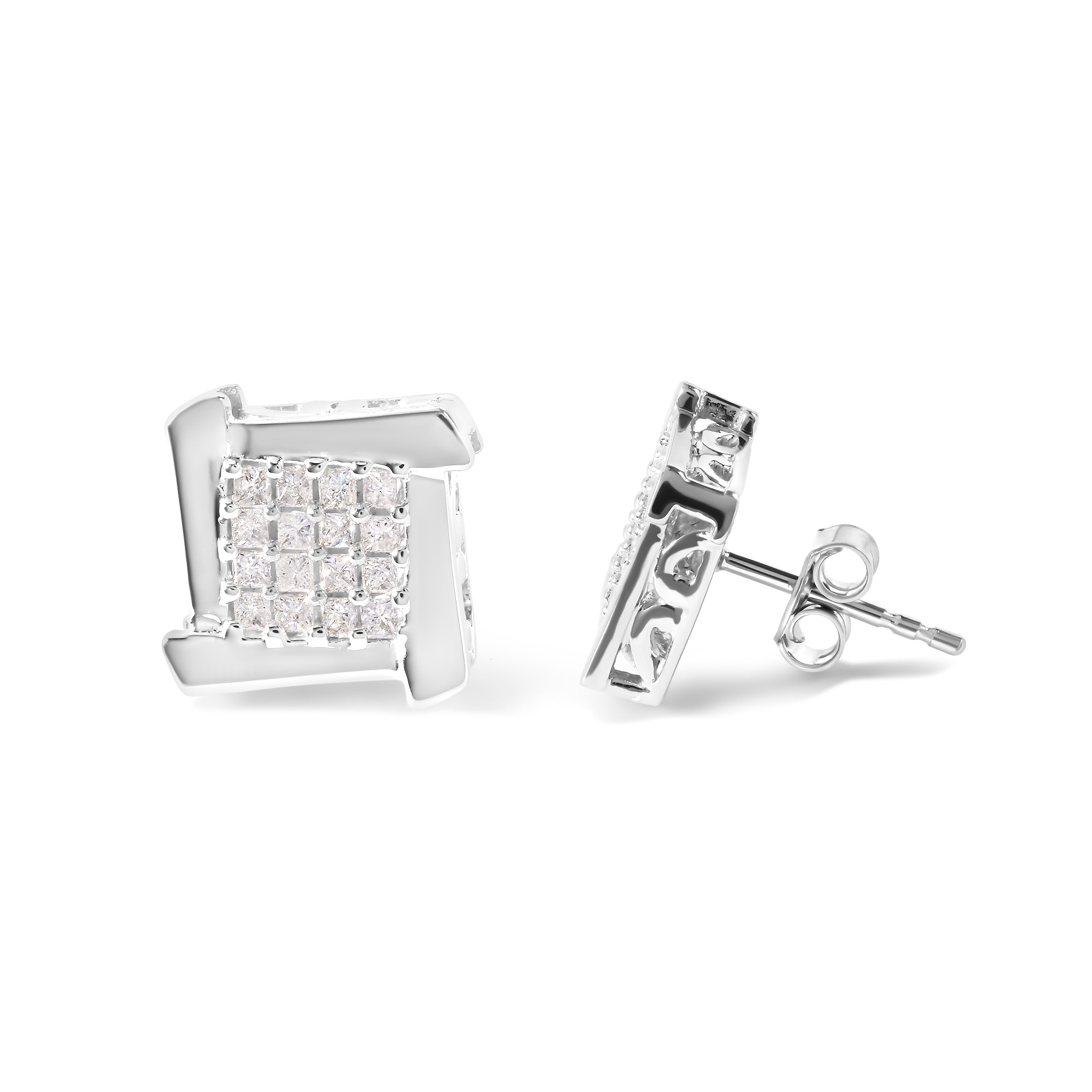 10K White Gold 1/2 Cttw Composite Princess Diamond Square and Swirl Stud Earrings (I-J Color, I1-I2 Clarity) by Bids.com