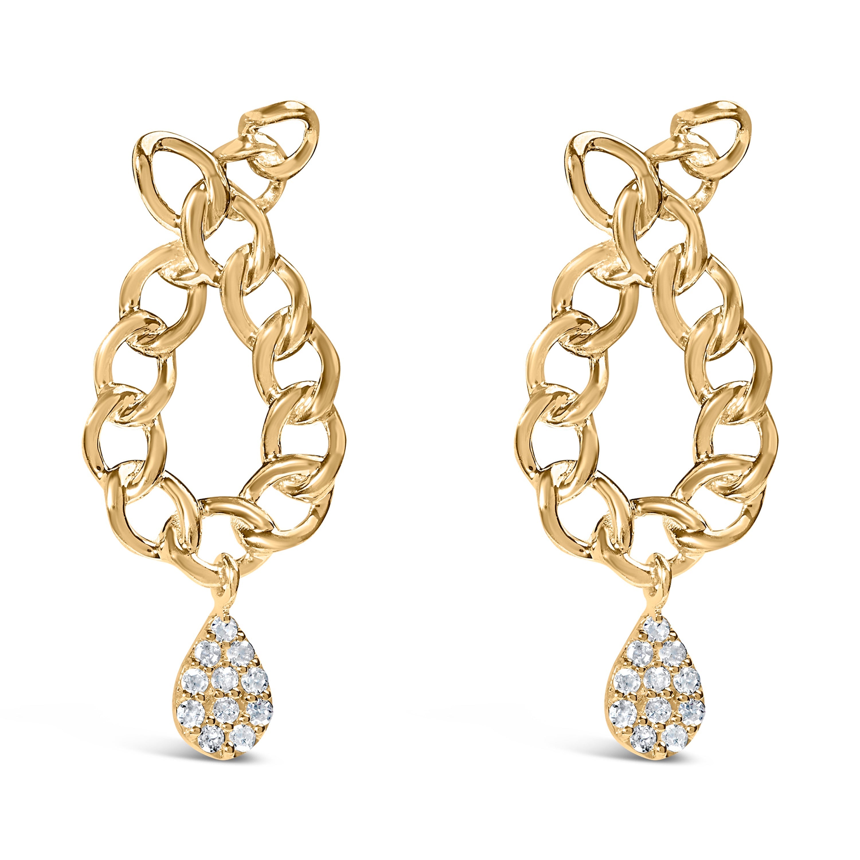 14K Yellow Gold Plated .925 Sterling Silver 1/10 Cttw Diamond Chain Link Teardrop Dangle Earrings (H-I Color, I1-I2 Clarity) DestGlow