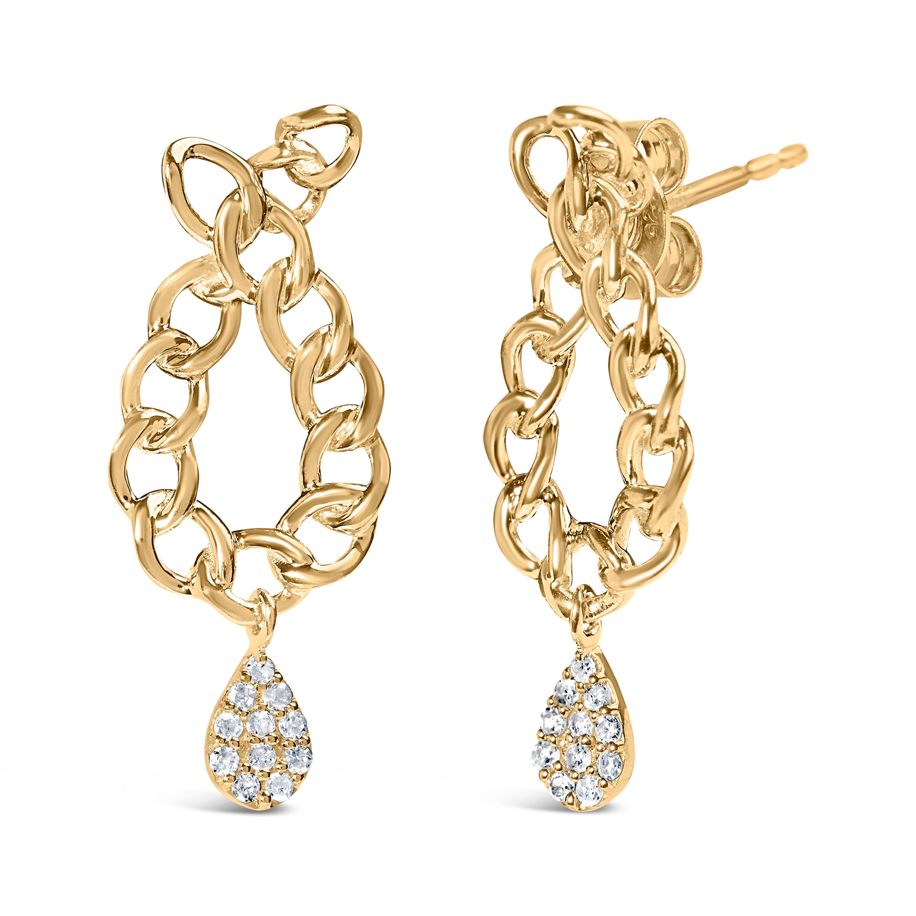 14K Yellow Gold Plated .925 Sterling Silver 1/10 Cttw Diamond Chain Link Teardrop Dangle Earrings (H-I Color, I1-I2 Clarity) DestGlow