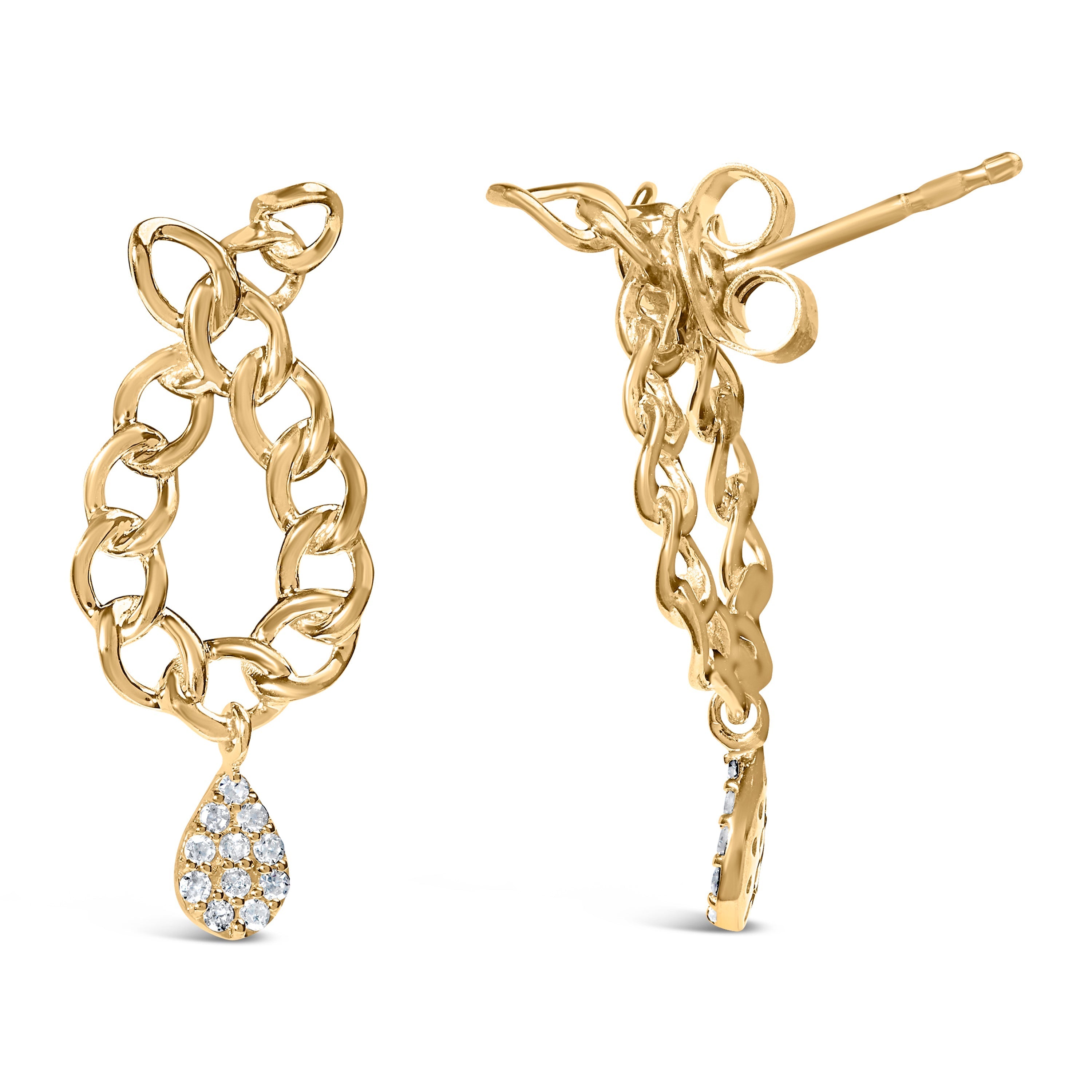 14K Yellow Gold Plated .925 Sterling Silver 1/10 Cttw Diamond Chain Link Teardrop Dangle Earrings (H-I Color, I1-I2 Clarity) DestGlow