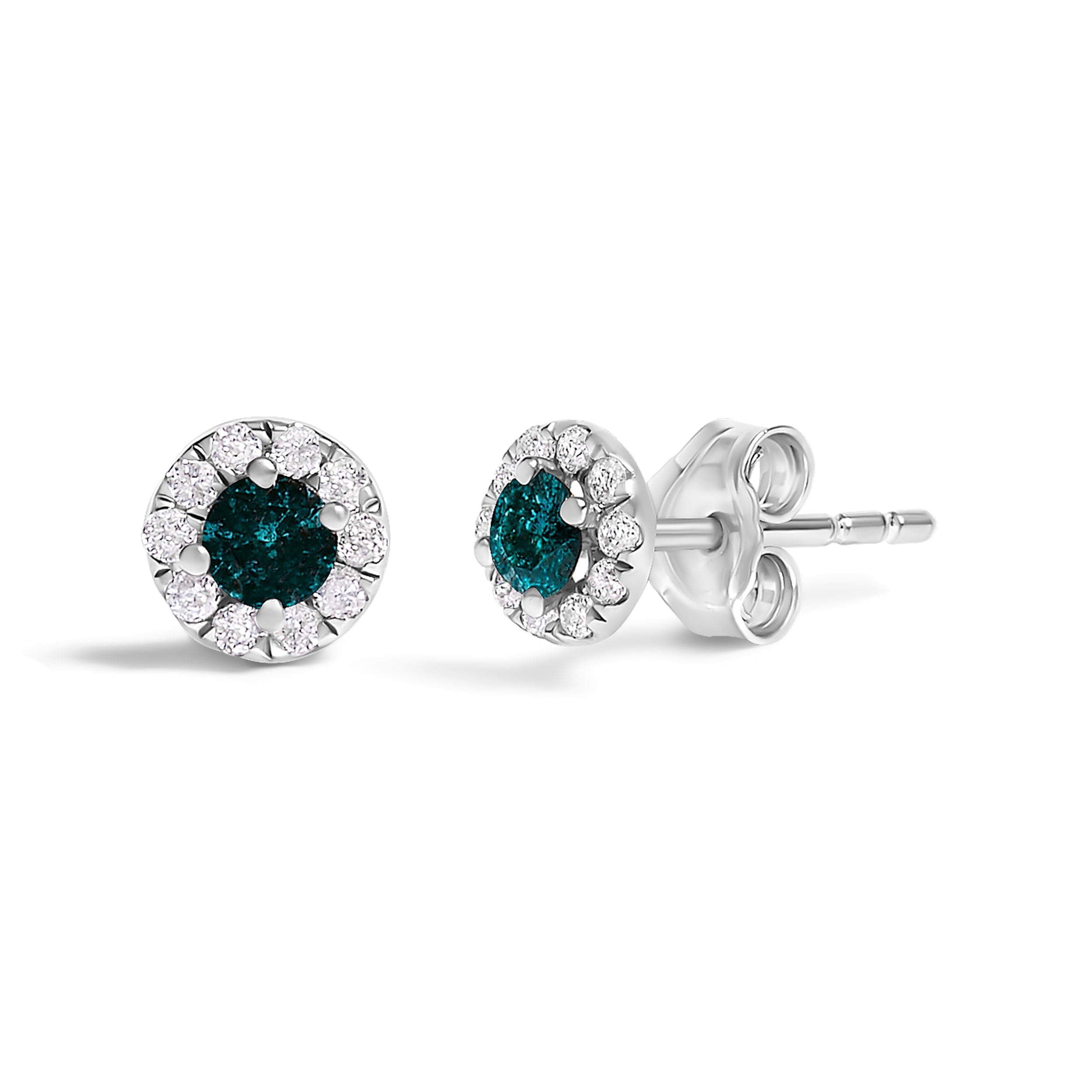 .925 Sterling Silver 1/3 Cttw White and Blue Diamond Halo Stud Earring DestGlow