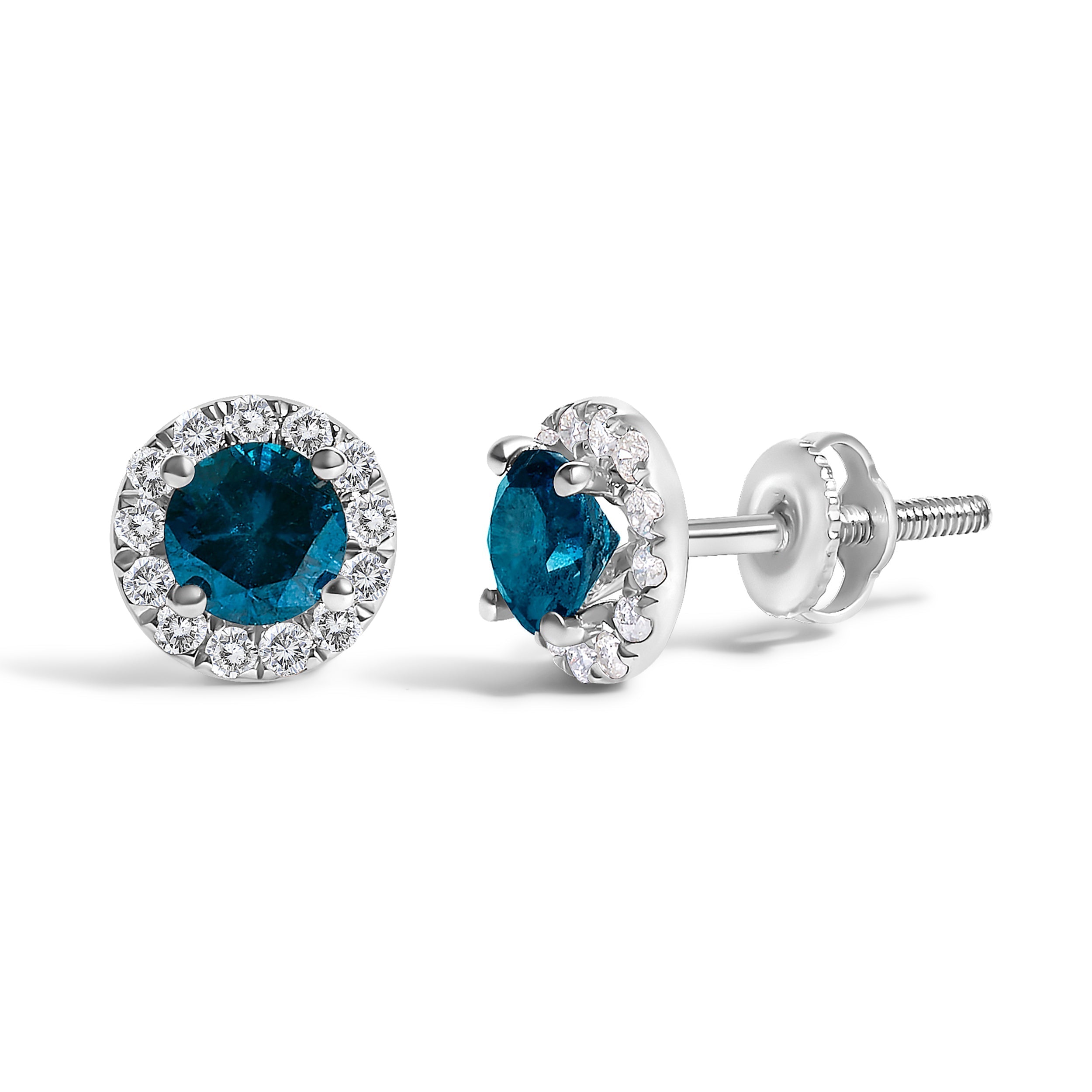 .925 Sterling Silver 1.00 Cttw Blue Diamond Halo Stud Earring DestGlow