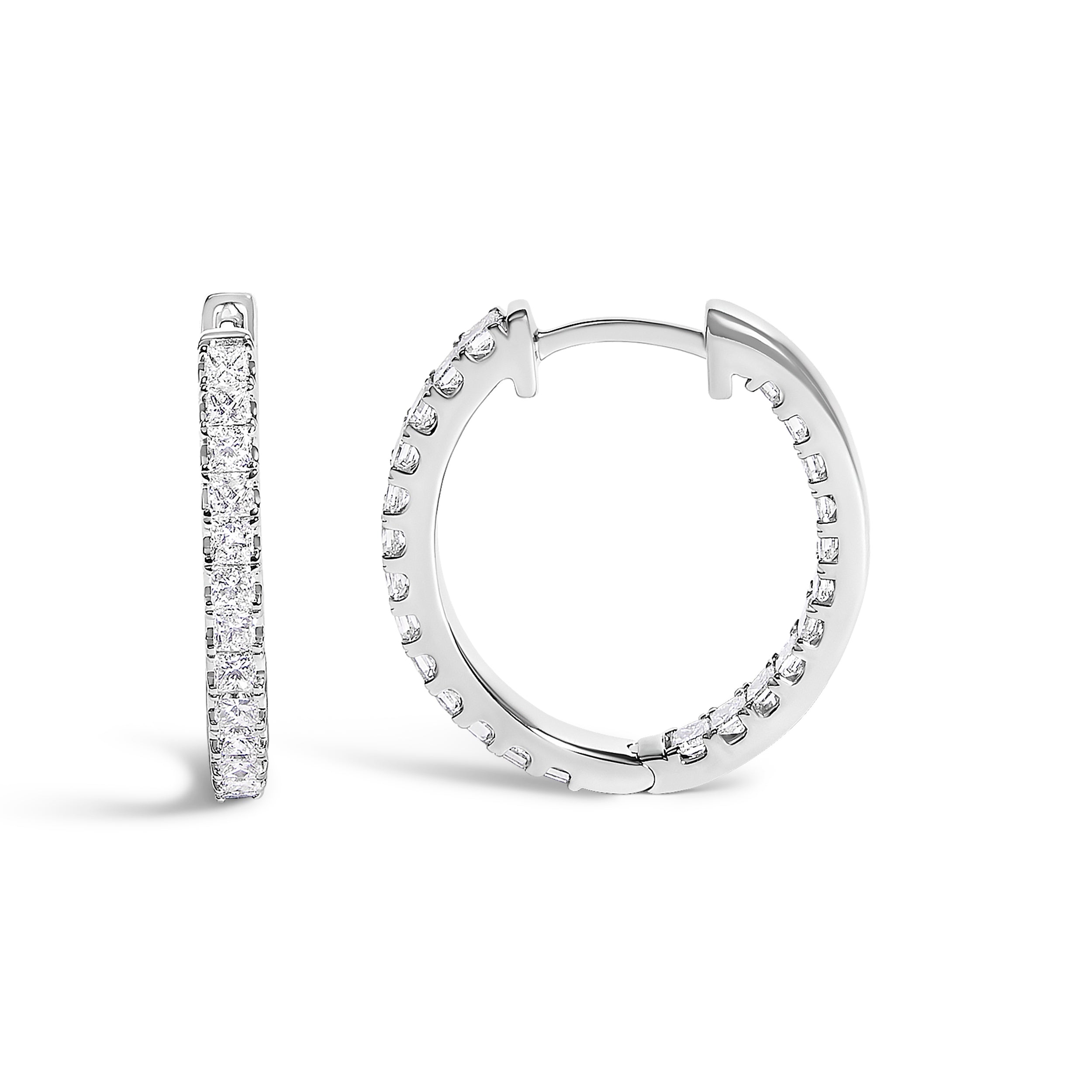 14K White Gold 2.00 Cttw Princess Diamond Inside Out Elongated Hoop Earrings DestGlow