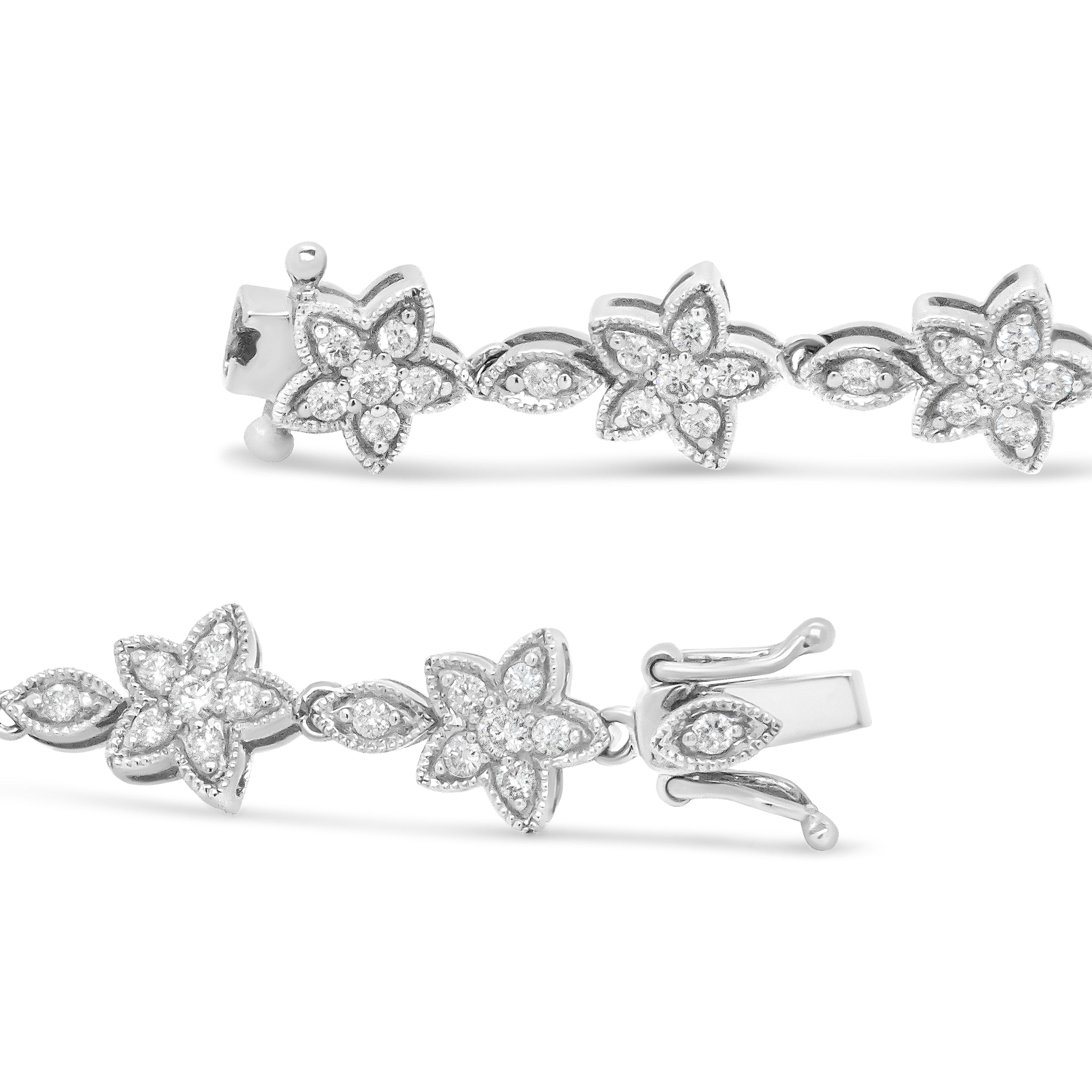 14K White Gold 1 1/5 Cttw Round Diamond Flower Blossom Link Bracelet (H-I Color, SI1-SI2 Clarity) - Size 7" DestGlow