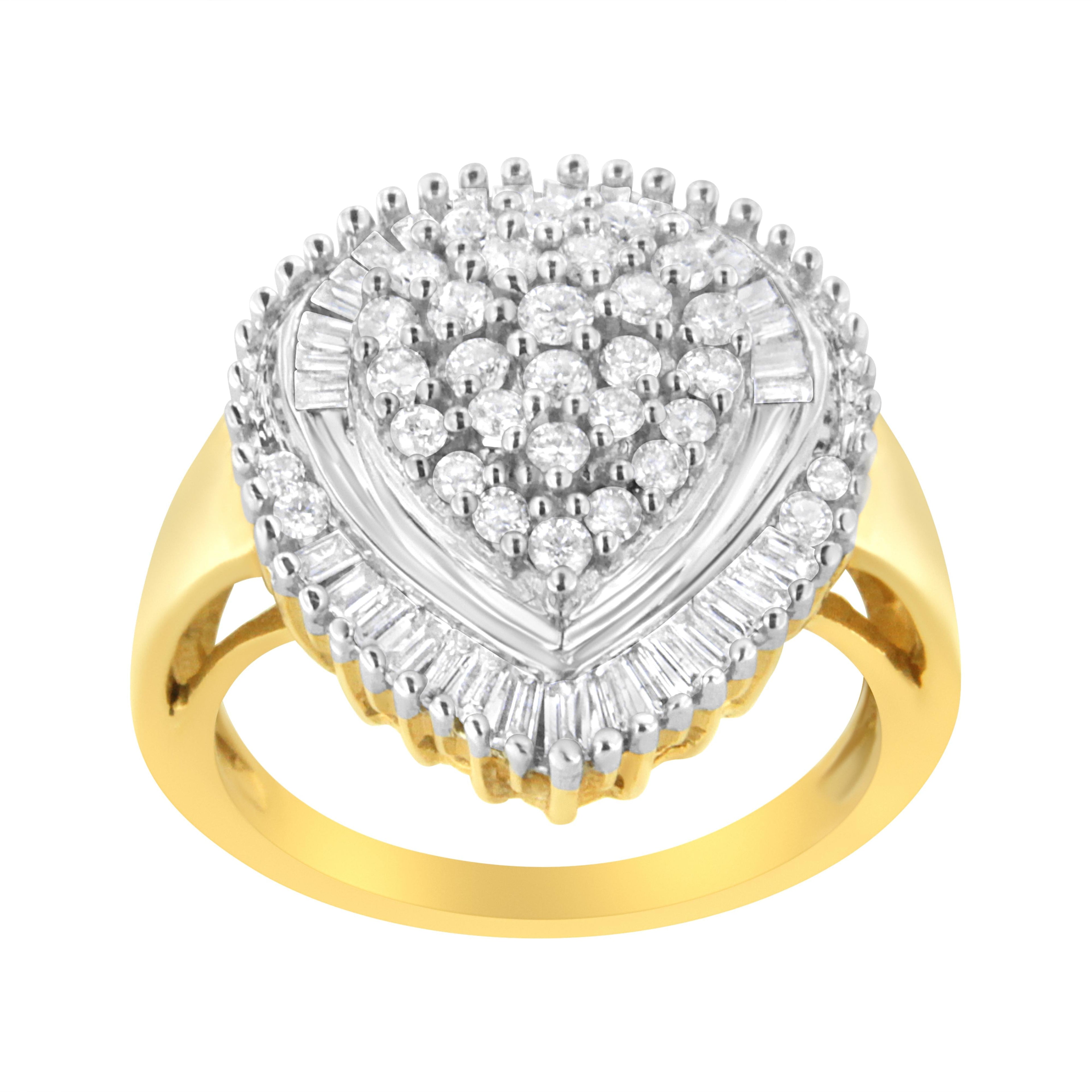 10K Yellow Gold 1.0 Cttw Round and Baguette Cut Diamond Oval Shaped Cluster Ring (I-J Color, I1-I2 Clarity) - Size 7 by Bids.com