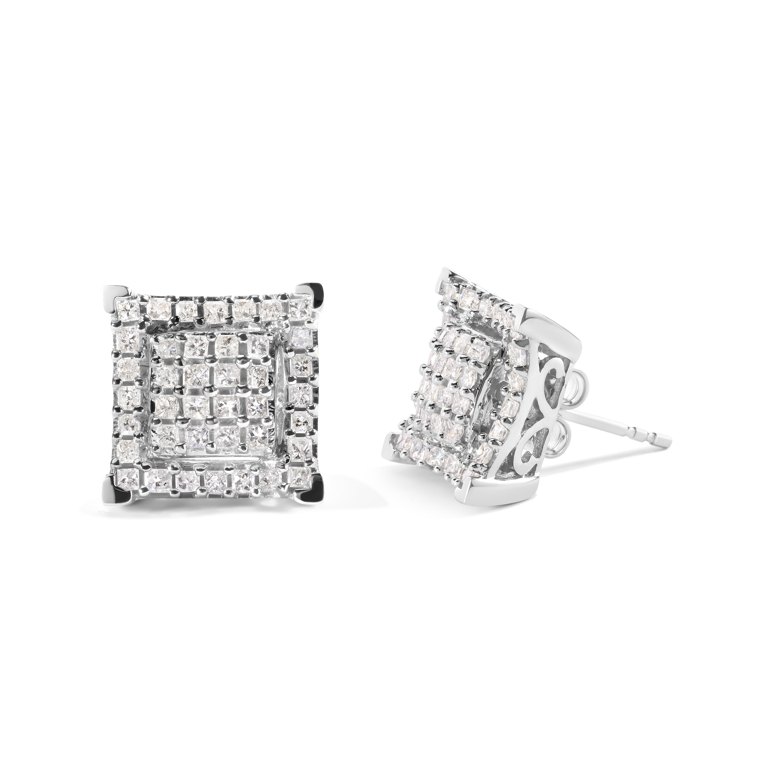 10K White Gold 1 1/4 Cttw Princess Diamond Composite Double Square and Halo Stud Earrings (I-J Color, I1-I2 Clarity) by Bids.com