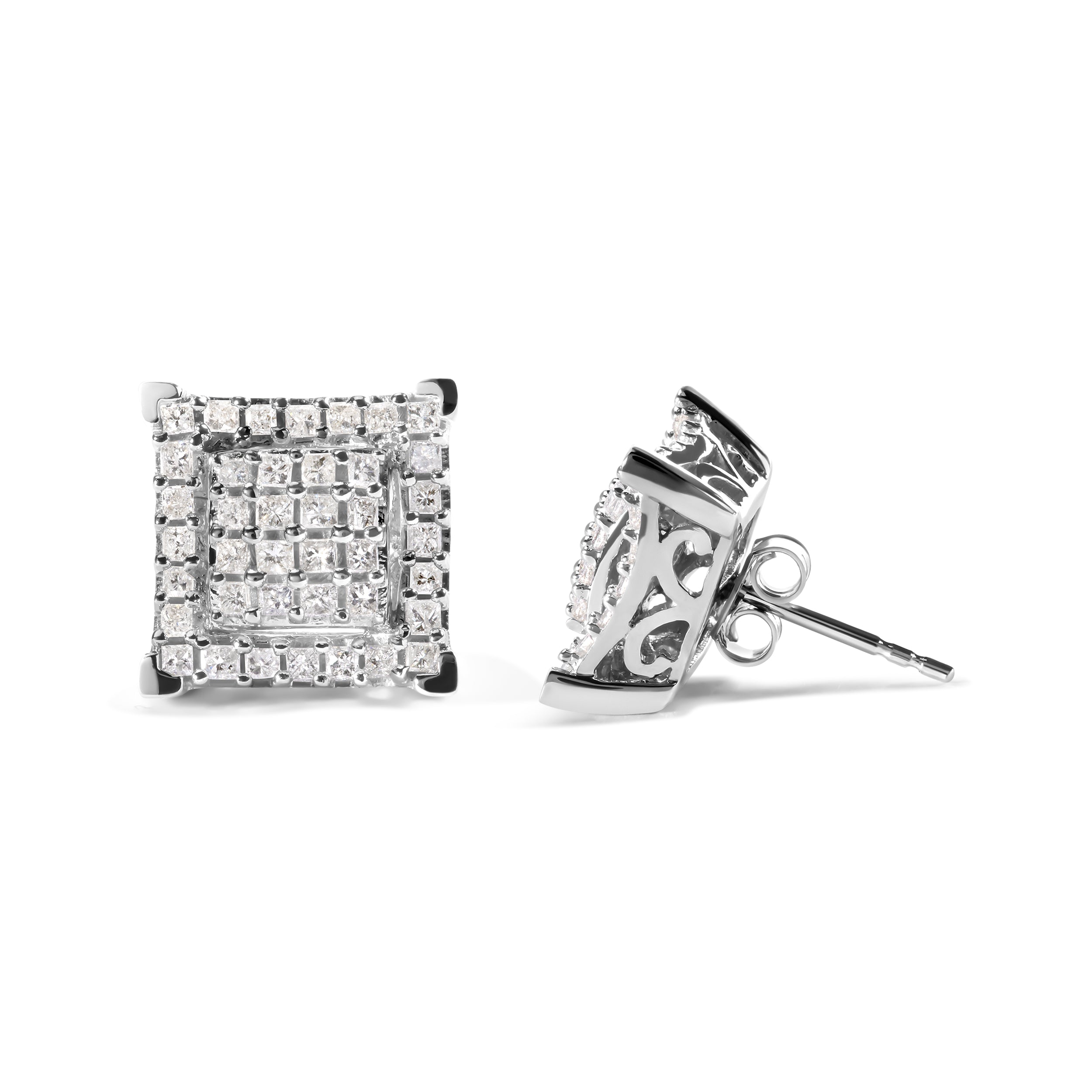 10K White Gold 1 1/4 Cttw Princess Diamond Composite Double Square and Halo Stud Earrings (I-J Color, I1-I2 Clarity) by Bids.com
