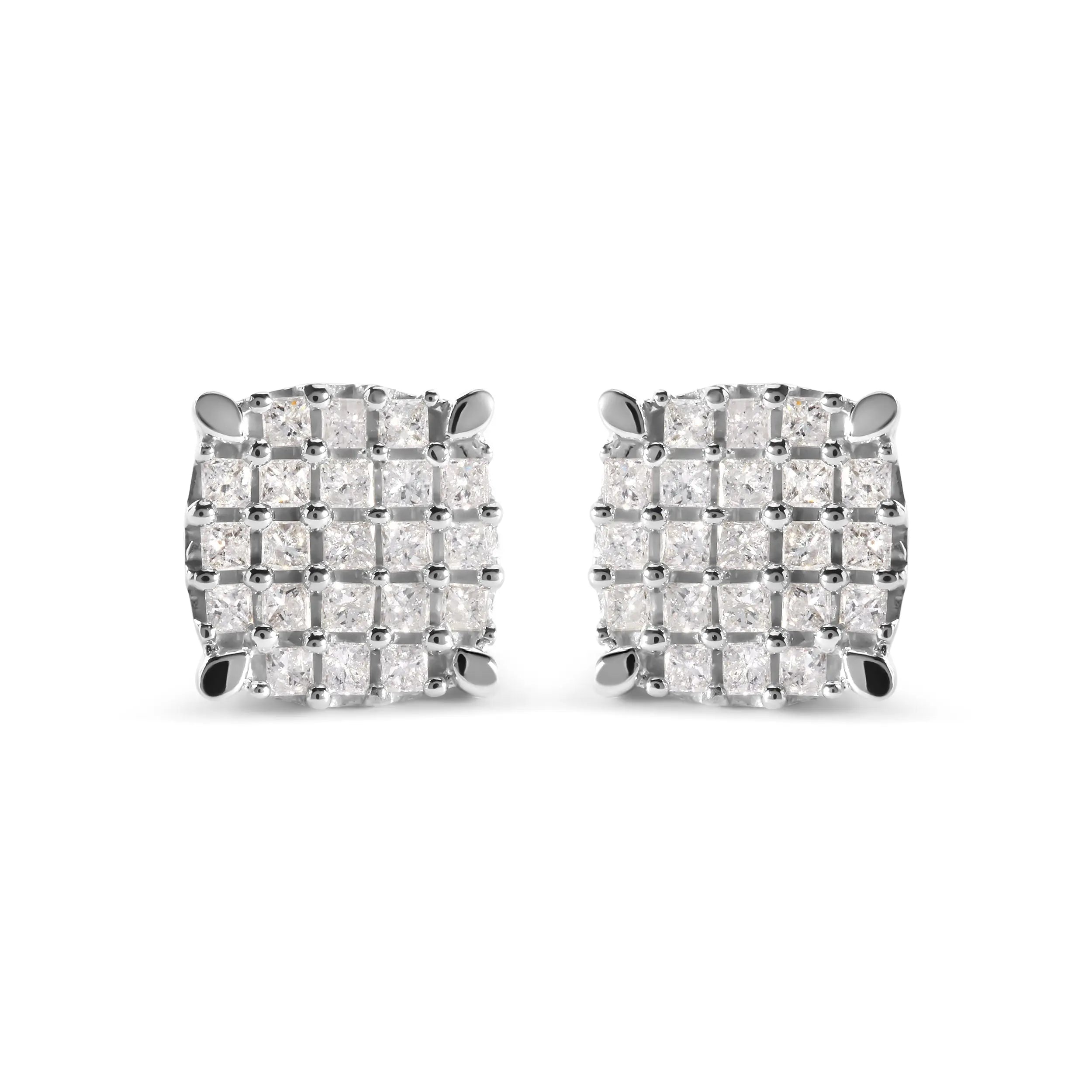 10K White Gold 3/4 Cttw Princess Diamond Composite Cushion Shape Stud Earrings (I-J Color, I1-I2 Clarity)