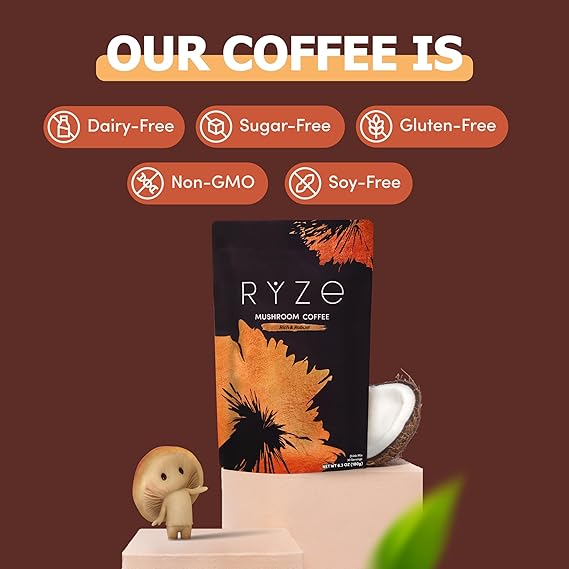 RYZE SUPERFOODS Mushroom Coffee Dark Roast, 6 Adaptogenic Mushrooms & Prebiotic Blend, Instant Coffee Supports Energy, Focus, Digestion & Immunity, Lions Mane & Turkey Tail, 30 Servings. DestGlow