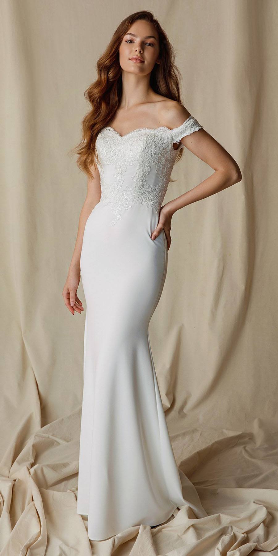 CLEARANCE - Eureka 7100 Lace Appliqued Bodice Long Dress Off-Shoulder (Size S) by DiscountDressShop