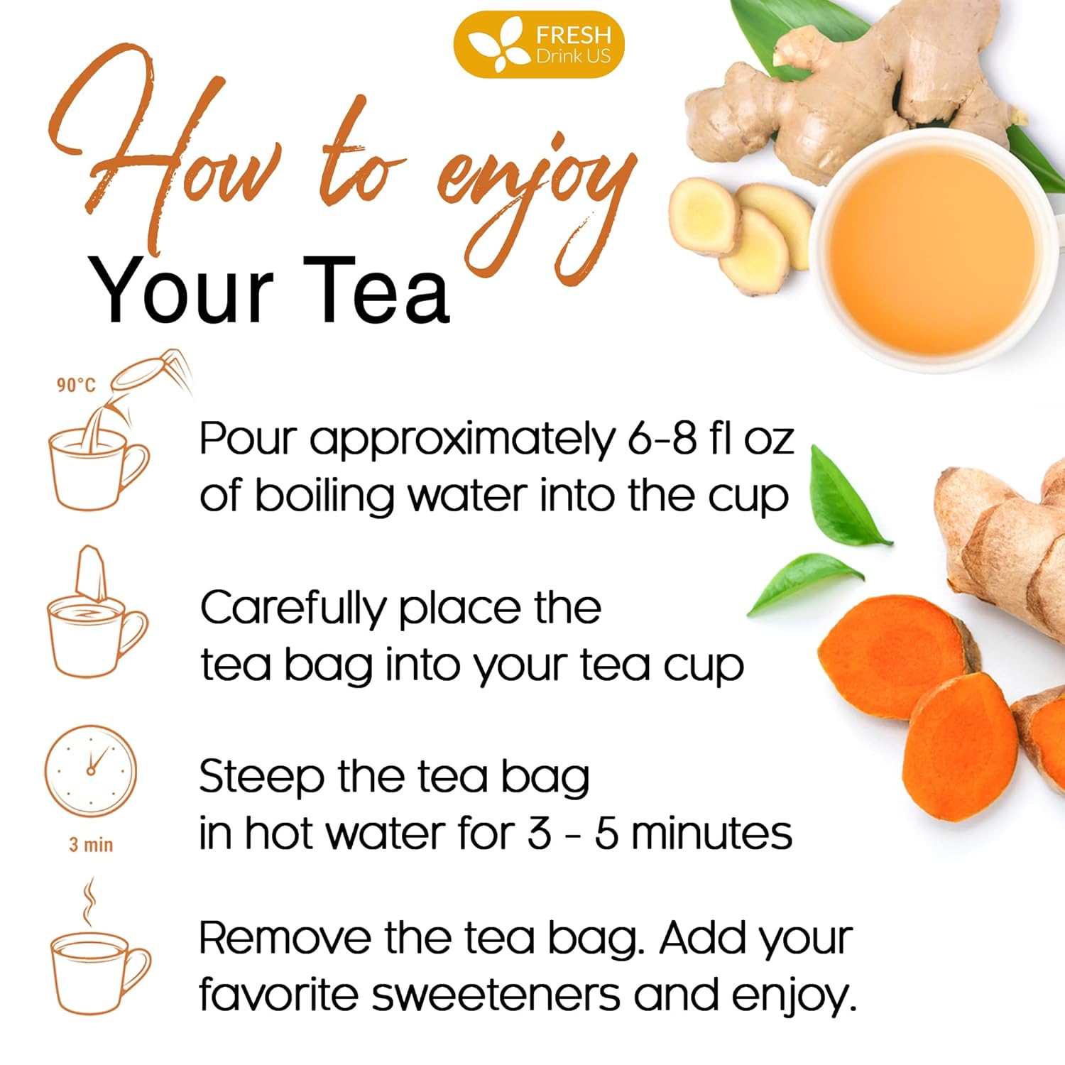 Premium Ginger Turmeric Tea Bags, Hand-made Blend of Ginger and Turmeric Herbal Tea, Eco-conscious Tea Bags. No Sugar, No Caffeine, No Gluten, Vegan. by FreshDrinkUS - Natural and Premium Herbal Tea