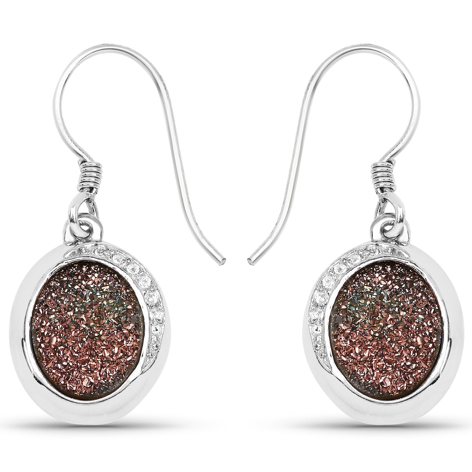 4.72 Carat Genuine Copper Bloom Drusy and White Topaz .925 Sterling Silver Earrings