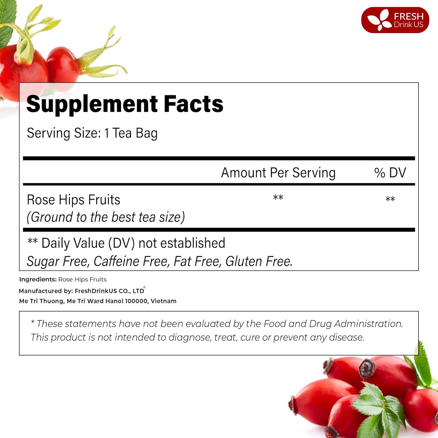 Premium Rosehip Tea Bags, 100% Natural & Pure from Rose Hip Fruits. by FreshDrinkUS - Natural and Premium Herbal Tea