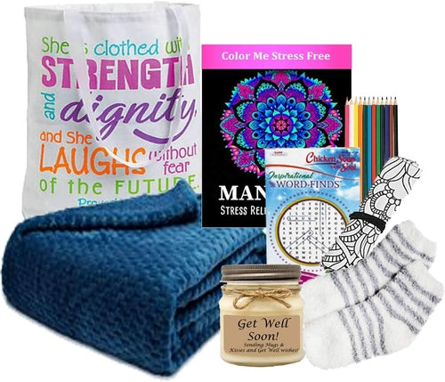 Get Well Gift for Women - Comfort Tote with Luxury Blanket, Tea & Coloring Book