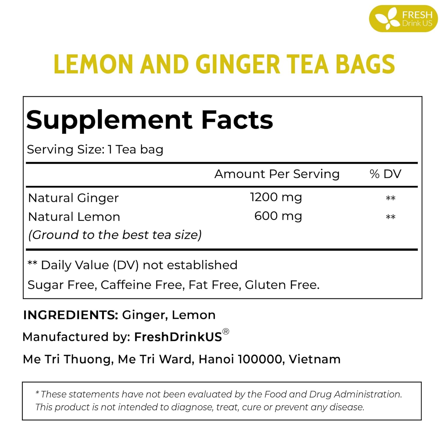 Premium Lemon Ginger Tea Bag, Eco-conscious Tea Bags. Lemon Ginger Herbal Tea. No Sugar, No Caffeine, No Gluten, Vegan. by FreshDrinkUS - Natural and Premium Herbal Tea