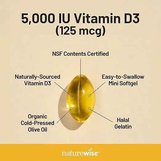 NatureWise Vitamin D3 5000iu (125 mcg) 1 Year Supply for Immune Support, Healthy Muscle Function, and Bone Health - Non-GMO, Gluten Free in Organic Extra Virgin Olive Oil, (Mini Softgel), 360 Count