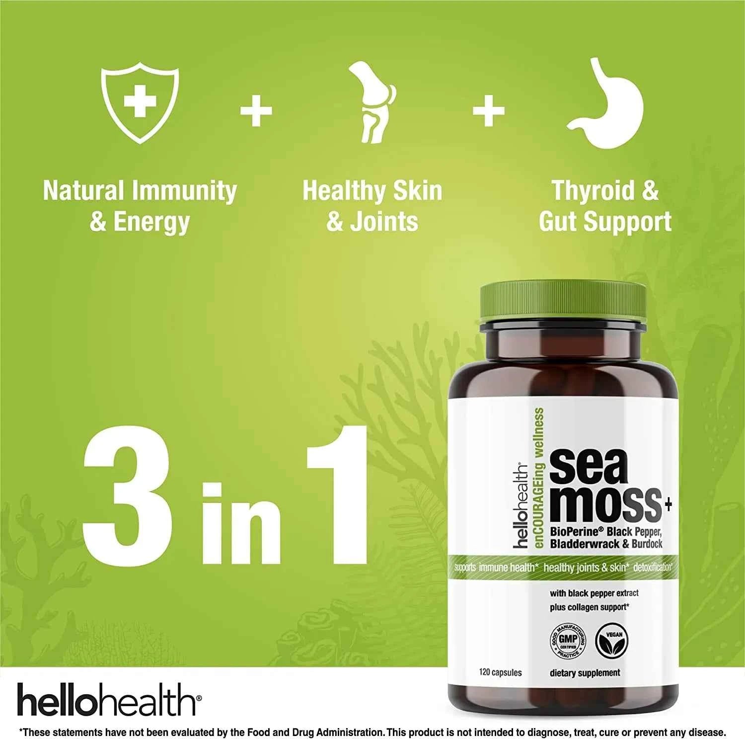 Organic Irish Sea Moss, Organic Bladderwrack, Organic Burdock & Bioperine capsules by hellohealth