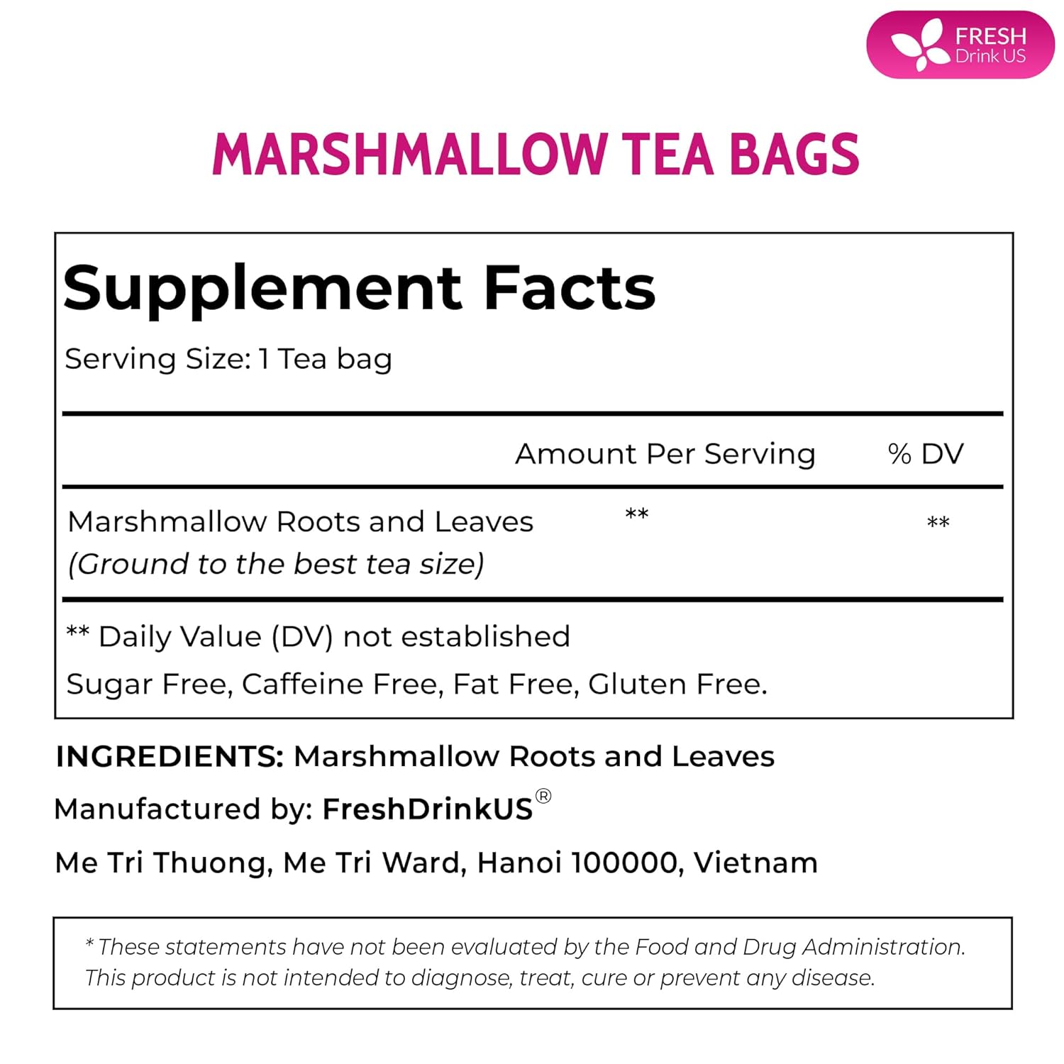 Premium Marshmallow Root and Leaf Tea Bags, 100% Natural & Pure. by FreshDrinkUS - Natural and Premium Herbal Tea