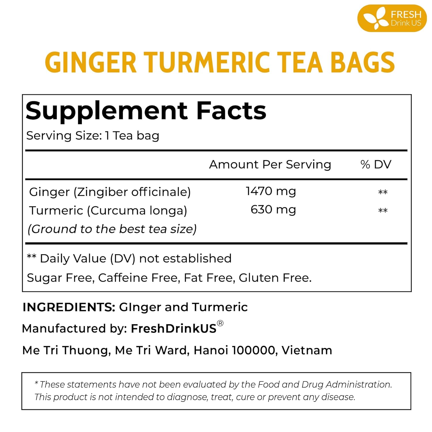Premium Ginger Turmeric Tea Bags, Hand-made Blend of Ginger and Turmeric Herbal Tea, Eco-conscious Tea Bags. No Sugar, No Caffeine, No Gluten, Vegan. by FreshDrinkUS - Natural and Premium Herbal Tea