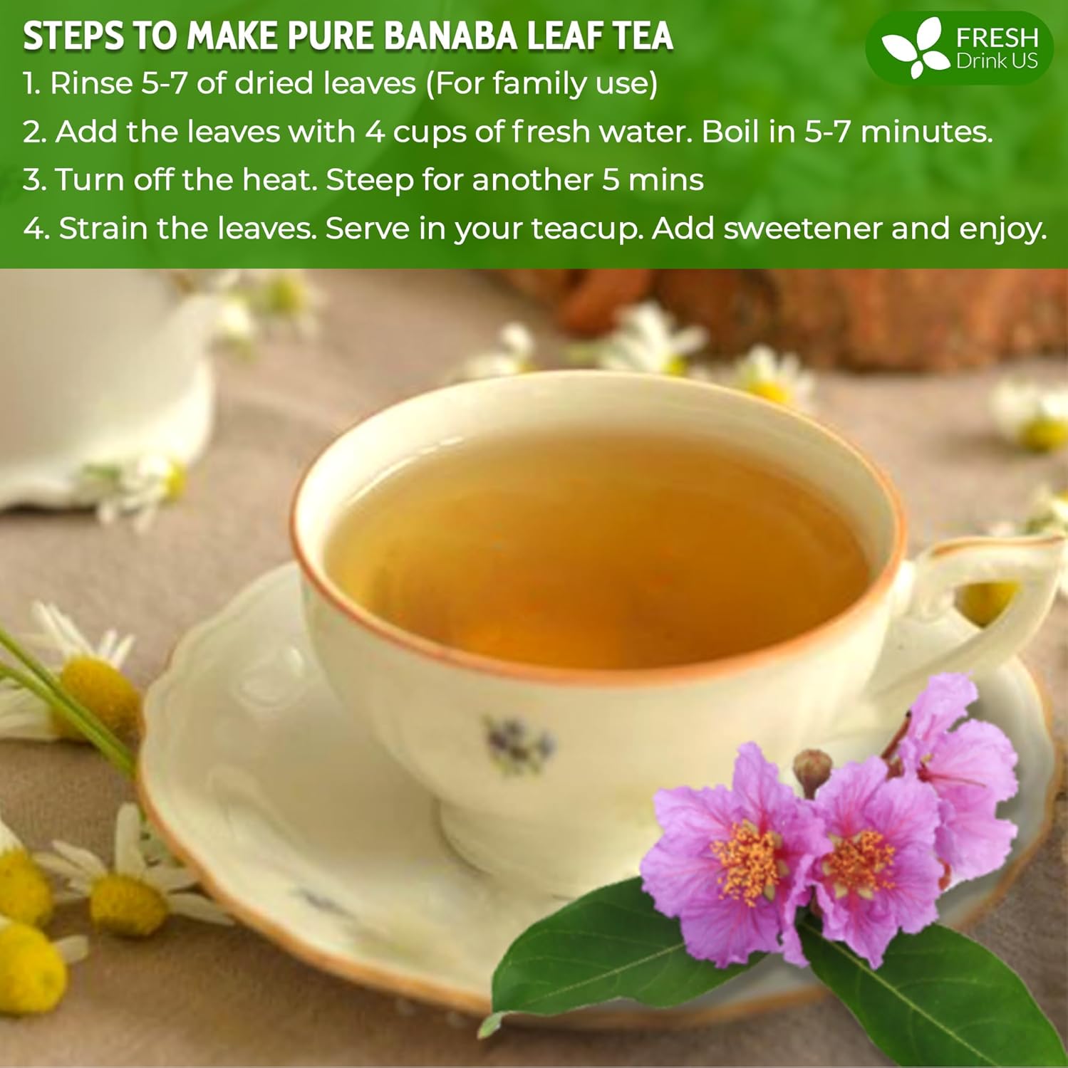 Premium Banaba Dried Leaves by FreshDrinkUS - Natural and Premium Herbal Tea