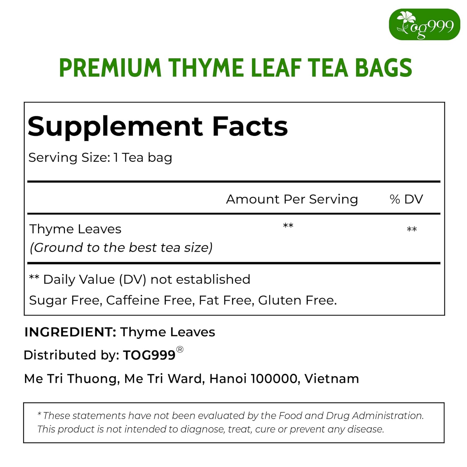 Premium 40 Thyme Leaf Tea Bags, 100% Natural & Pure, Loose Leaf Herbal Tea. by FreshDrinkUS - Natural and Premium Herbal Tea