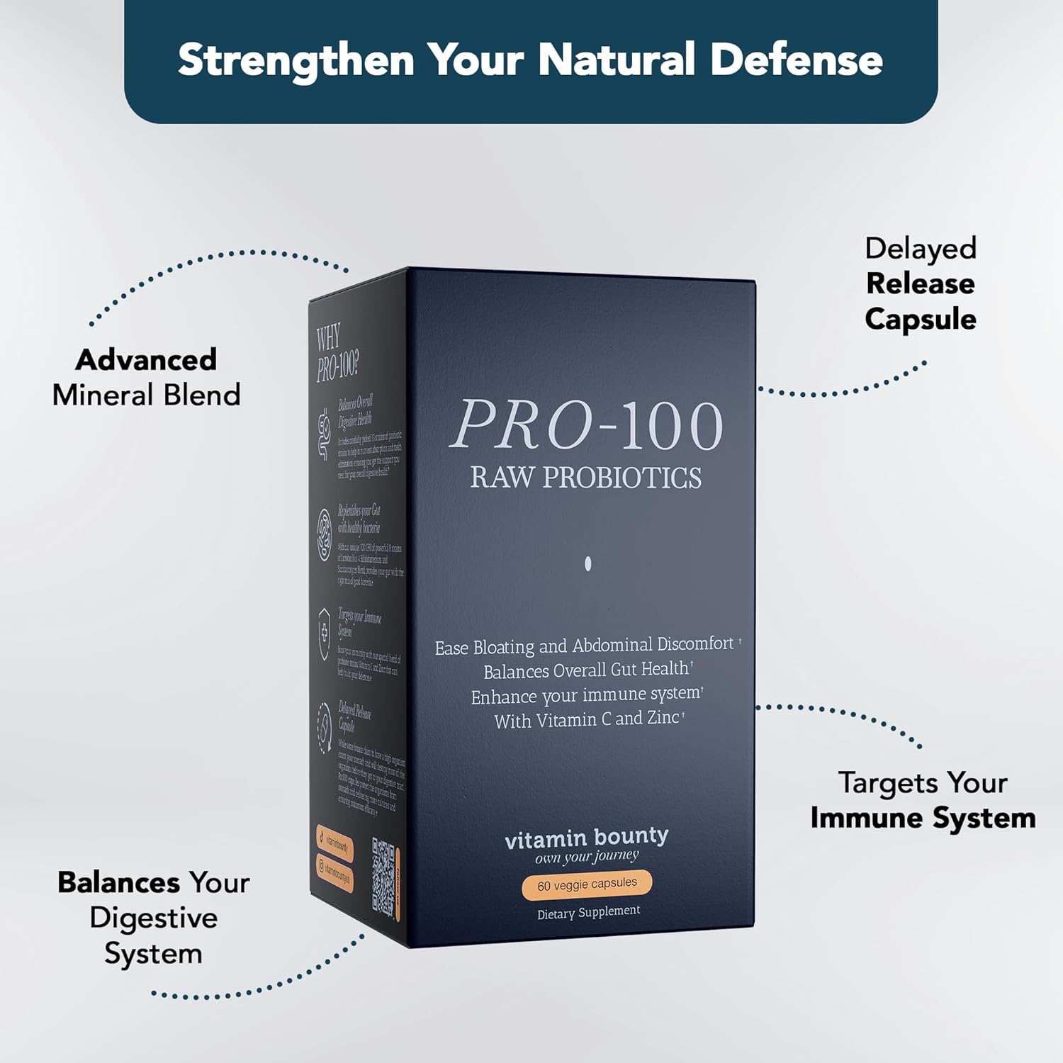Pro-100 Probiotic - 100 Billion CFU with 13 Strains, Vitamin C & Zinc for Digestive & Immune Health - DestGlow