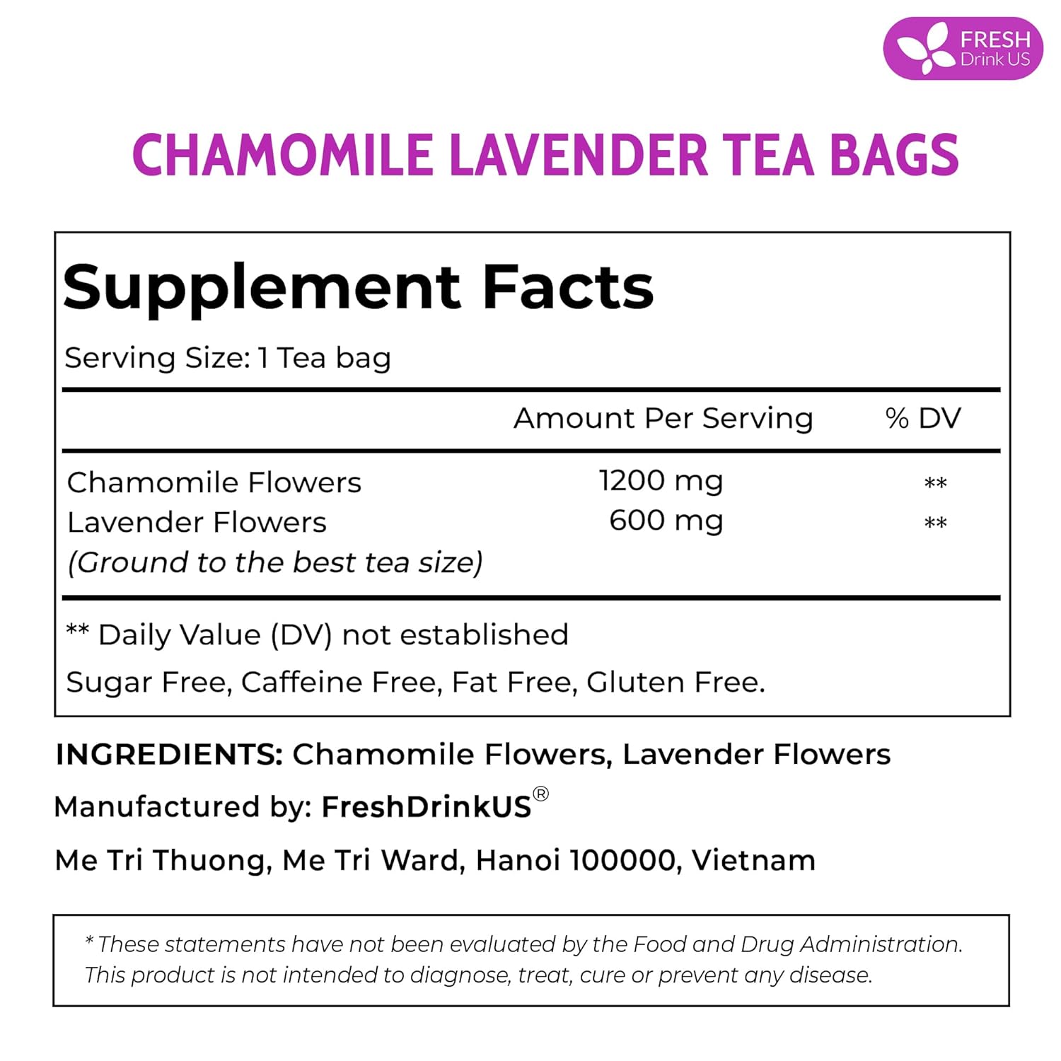 Premium Chamomile Lavender Tea Bags, Eco-conscious Tea Bags. No Sugar, No Caffeine, No Gluten, Vegan. by FreshDrinkUS - Natural and Premium Herbal Tea