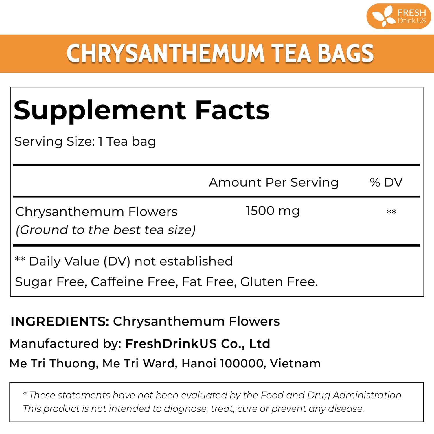 Premium Chrysanthemum Flower Tea Bags. Chrysanthemum Flower Herbal Tea. No Sugar, No Caffeine, No Gluten, Vegan. by FreshDrinkUS - Natural and Premium Herbal Tea