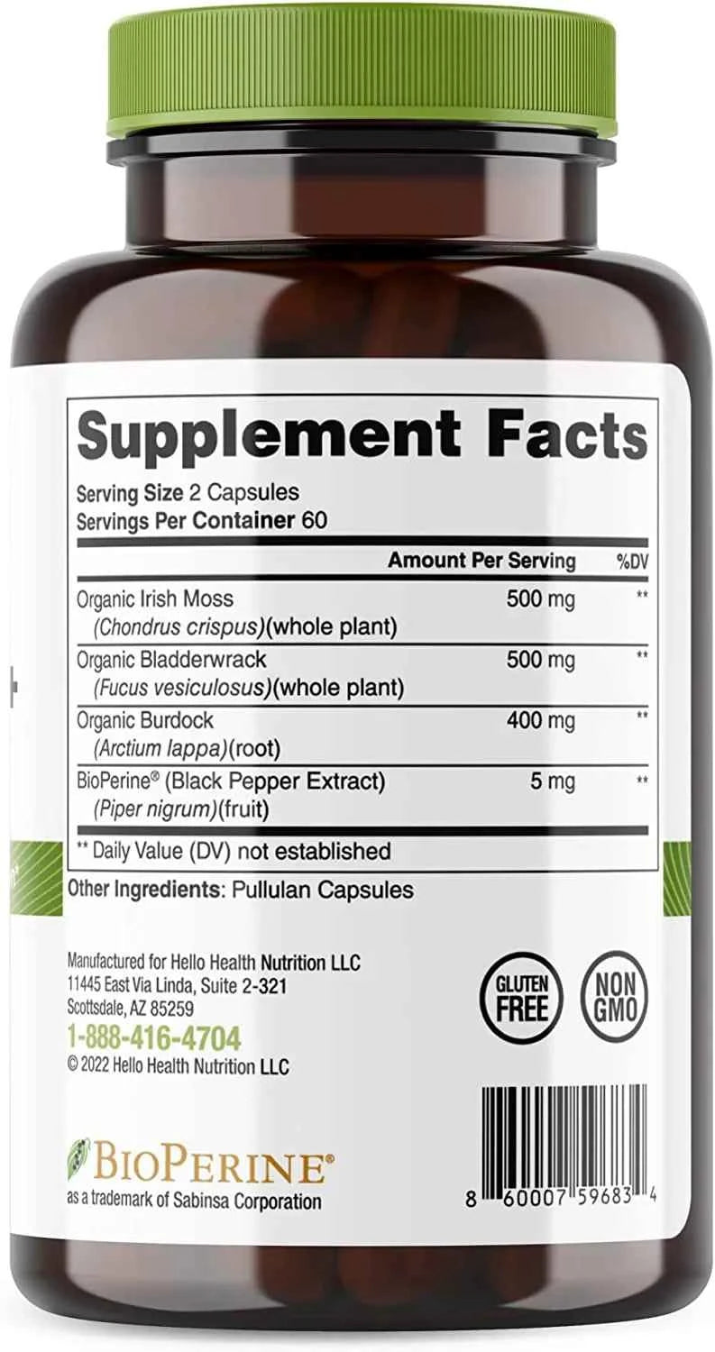Organic Irish Sea Moss, Organic Bladderwrack, Organic Burdock & Bioperine capsules